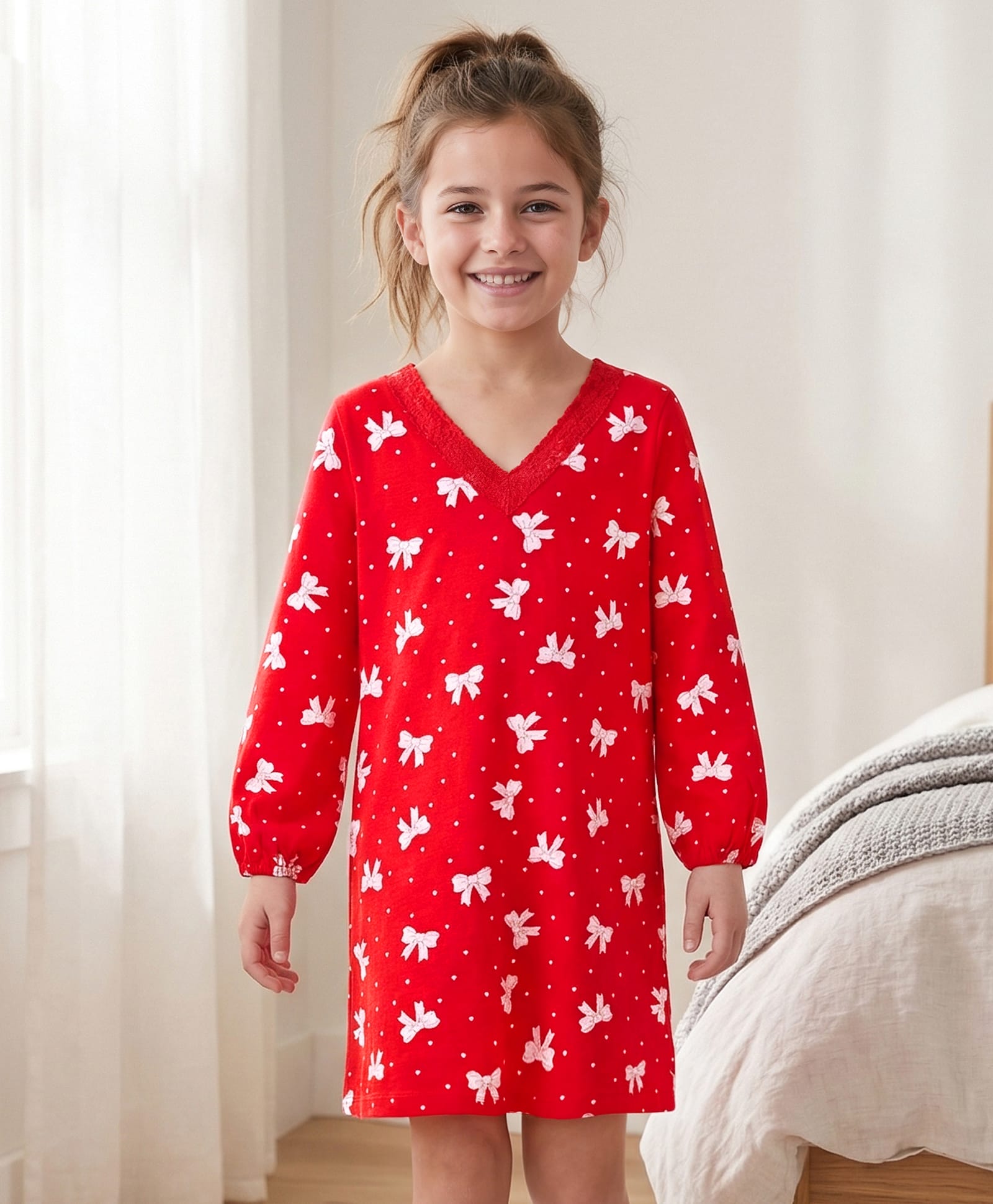 Honeyhap Premium 100% Cotton Knit With Bio Finish Full Sleeves Nighty With Bow Print - Dark Red-picture-26