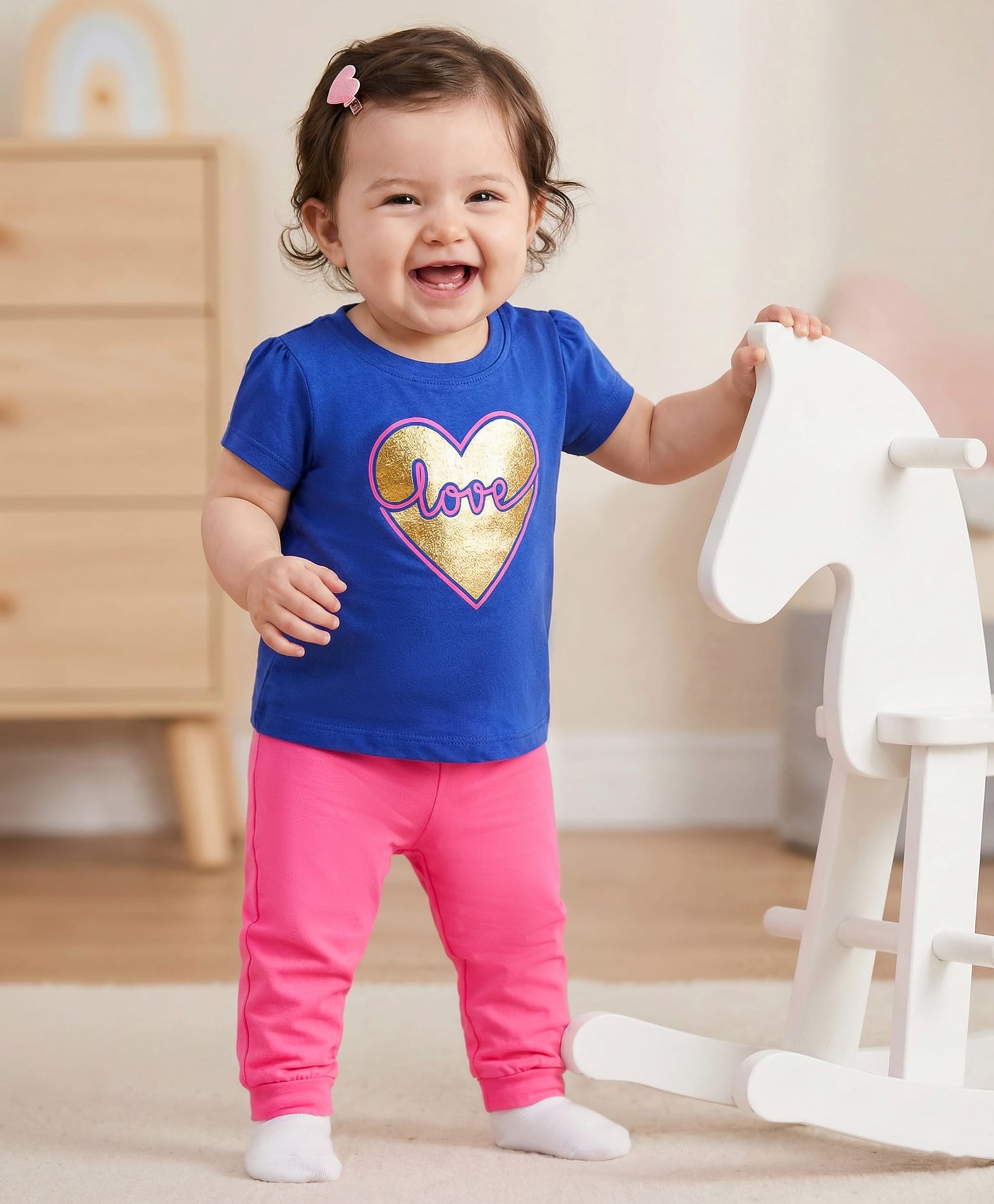 Doodle Poodle 100% Cotton Single Jersey Knit Half Sleeves Top & Lounge Pant Set With Foil Heart Print - Navy Blue & Pink-picture-17
