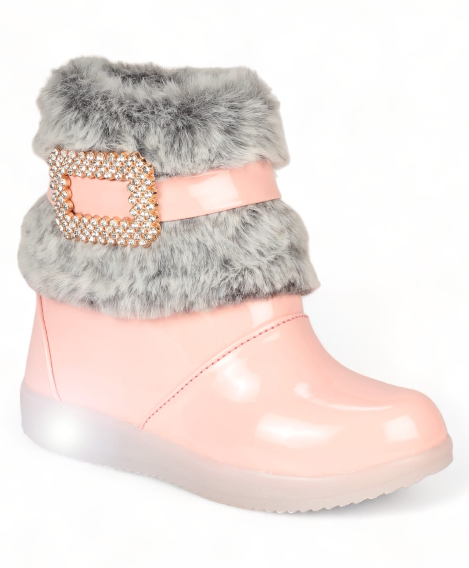 Lil Lollipop Stone Embellished Metal Applique & Fur Detailed Gloss Finish LED Boots - Pink-picture-21