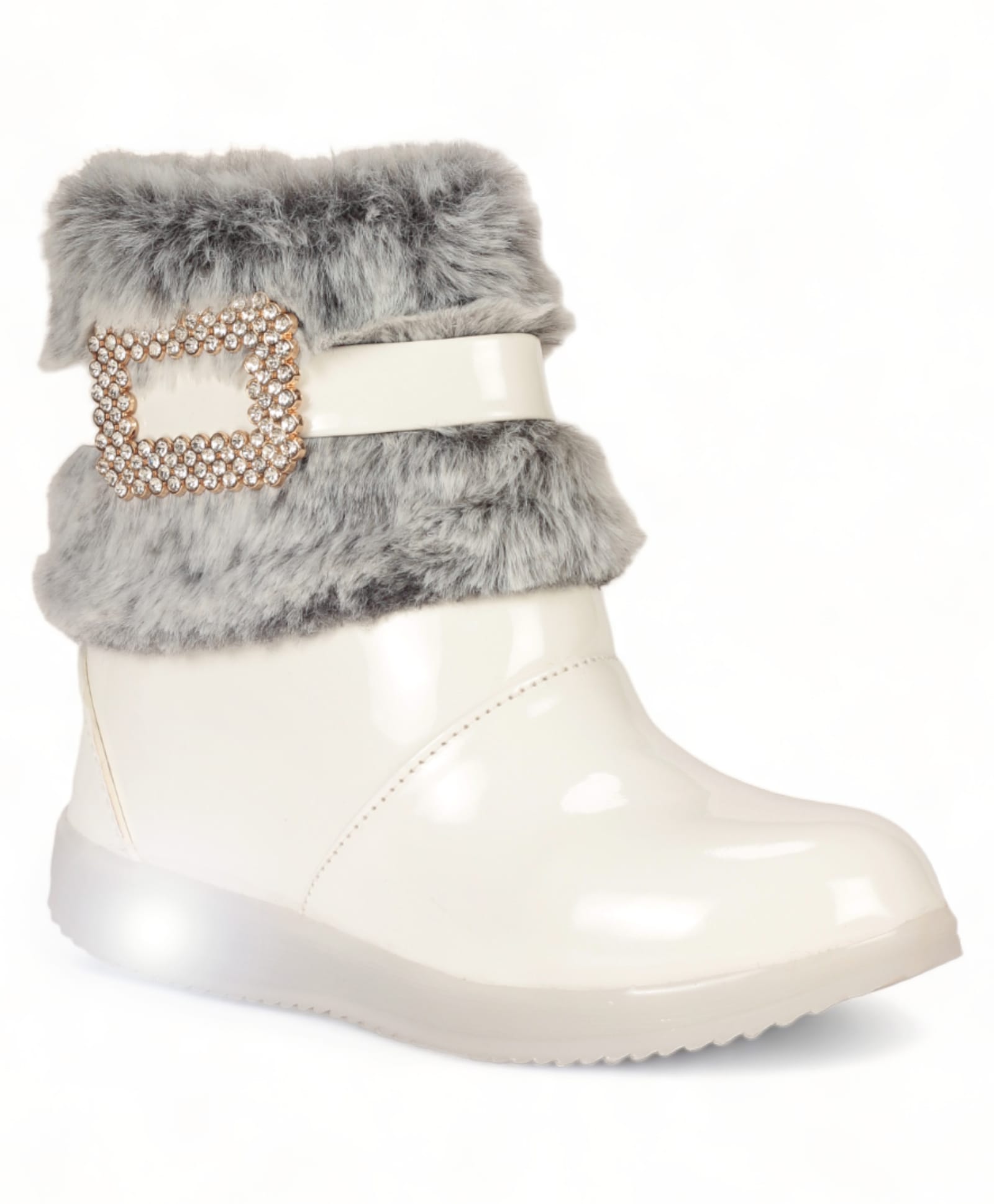Lil Lollipop Stone Embellished Metal Applique & Fur Detailed Gloss Finish LED Boots - White