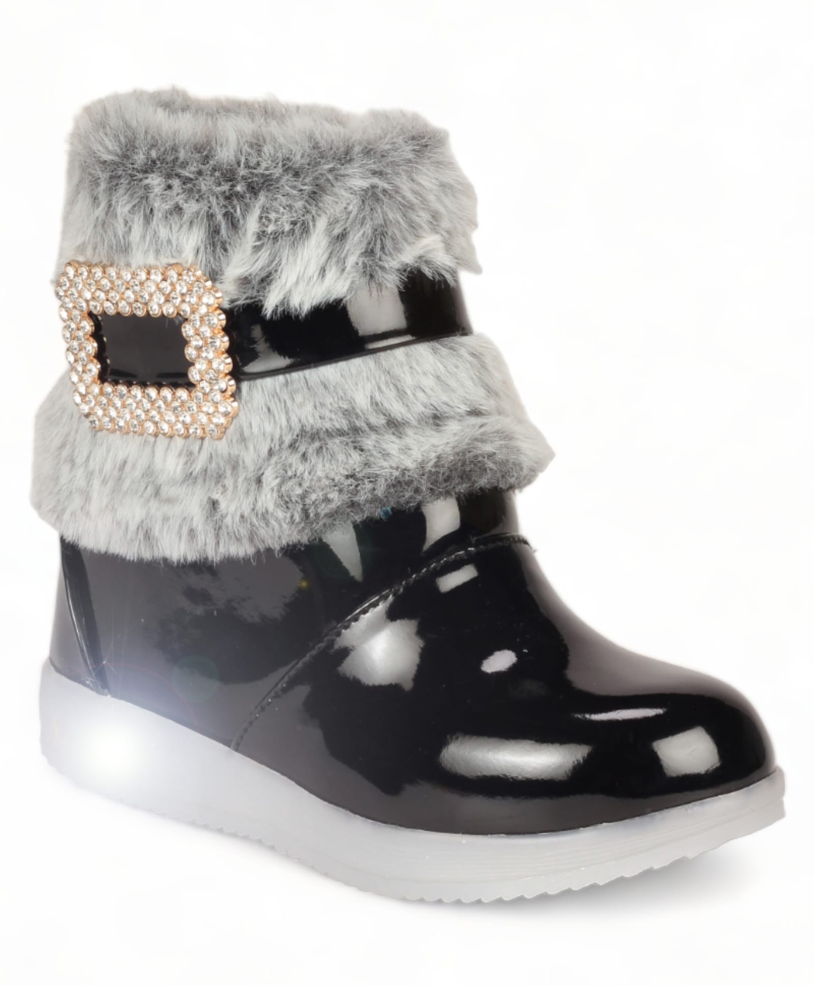 Lil Lollipop Stone Embellished Metal Applique & Fur Detailed Gloss Finish LED Boots - Black