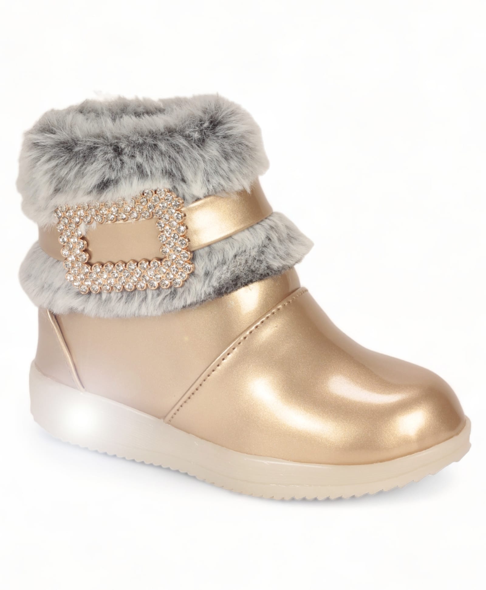 Lil Lollipop Stone Embellished Metal Applique & Fur Detailed Gloss Finish LED Boots - Gold