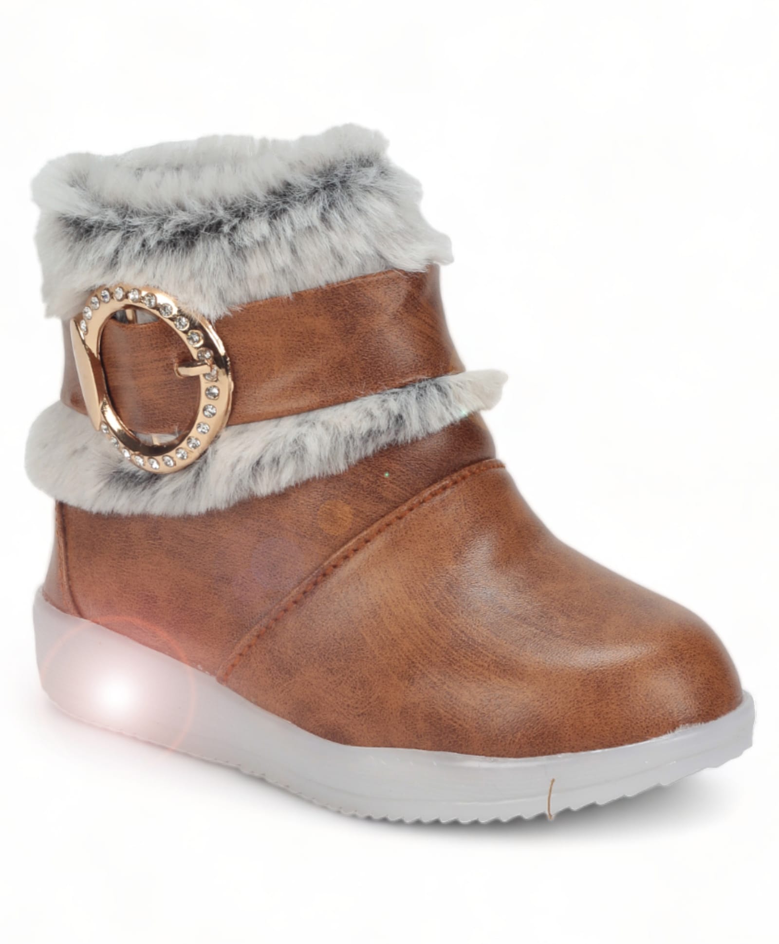 Lil Lollipop Stone Embellished Metal Applique & Fur Detailed Gloss Finish LED Boots - Light Brown-picture-18