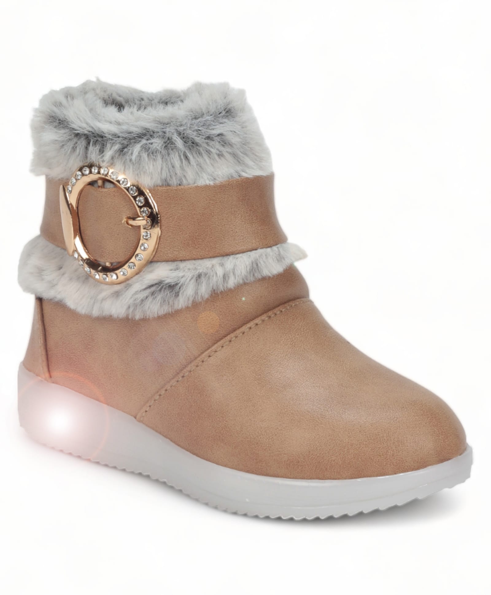 Lil Lollipop Stones Embellished Fur Detailed Zipper LED Boots - Beige