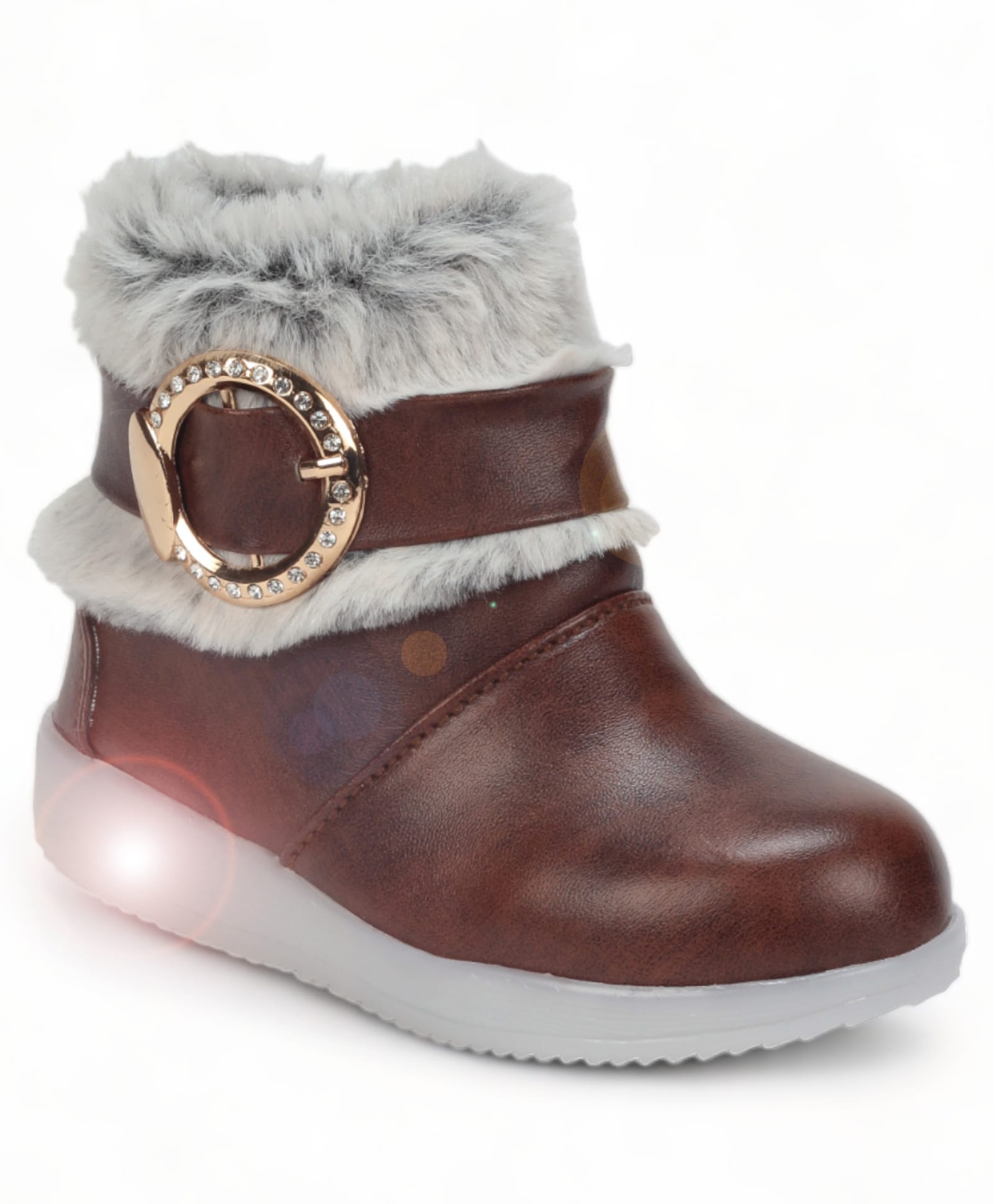 Lil Lollipop Stones Embellished Fur Detailed Zipper LED Boots - Brown