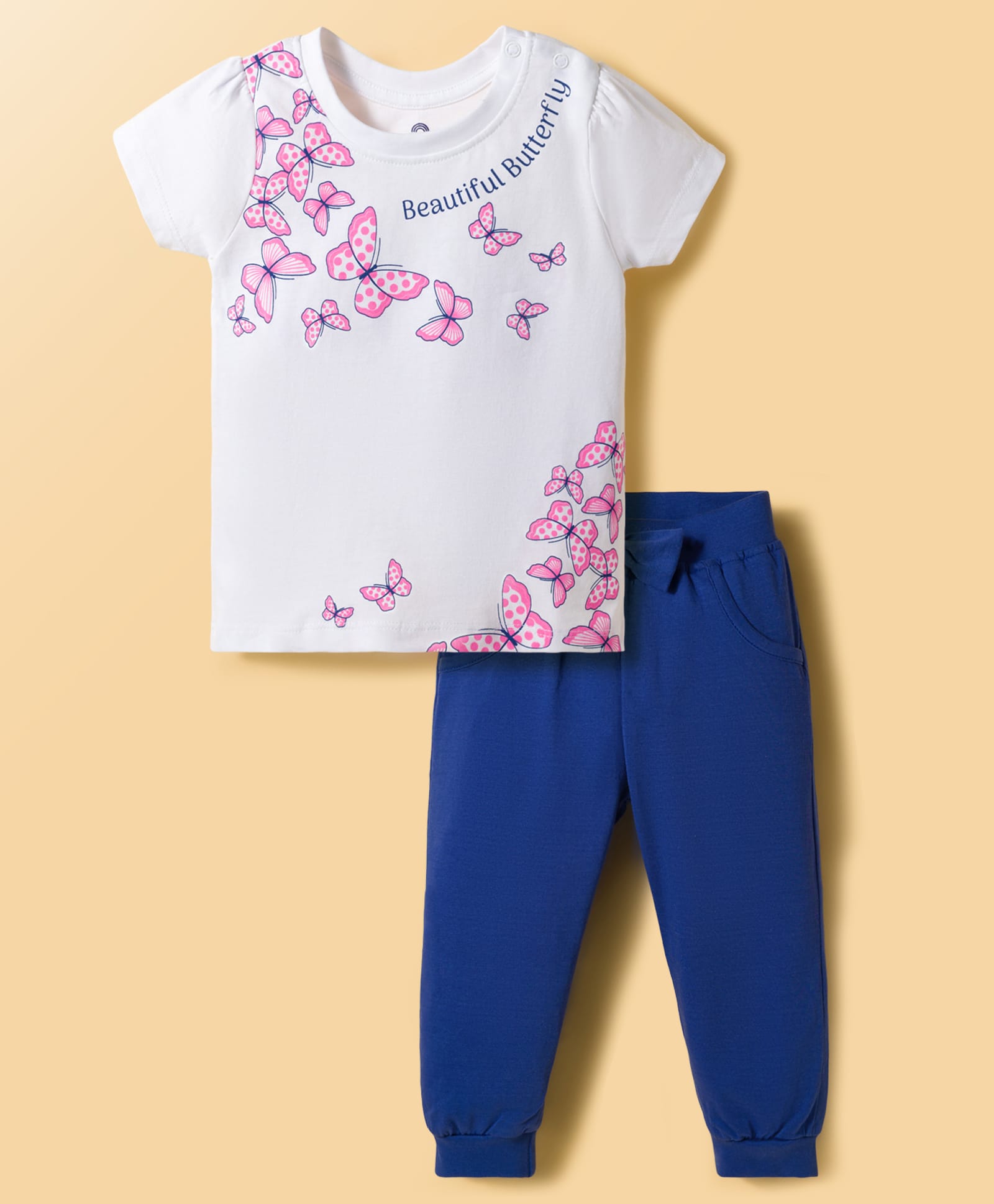 Doodle Poodle 100% Cotton Single Jersey Knit Half Sleeves Top & Lounge Pant Set with Butterfly Print - Navy Blue & White-picture-25