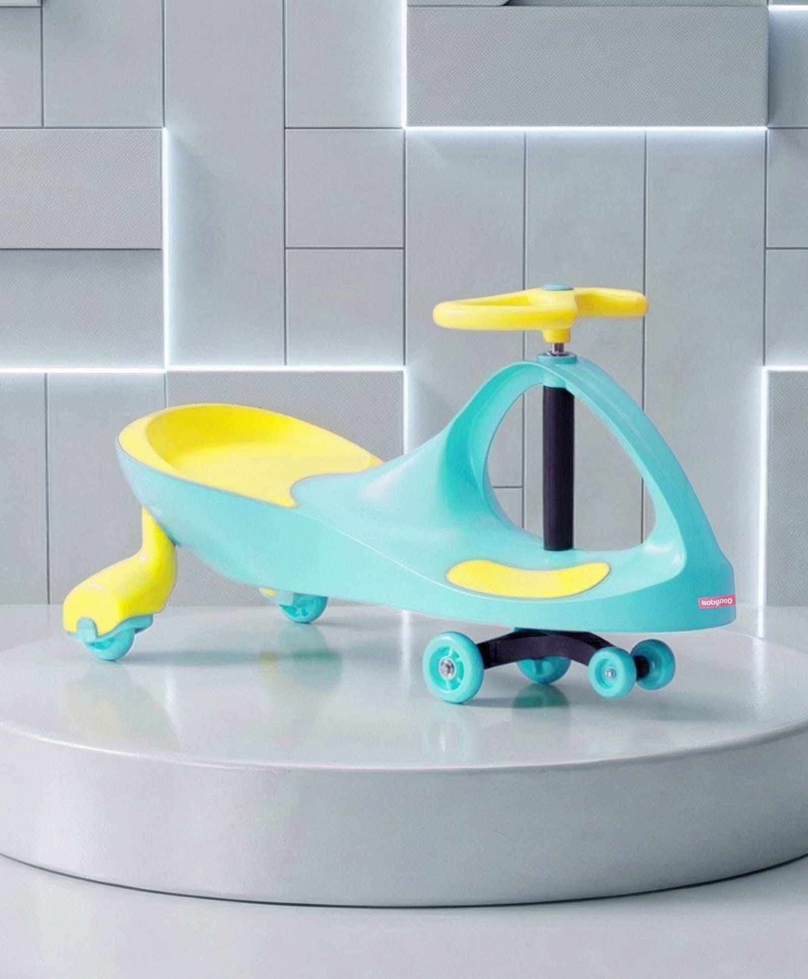 Babyhug Kids Twister Swing Car with Comfortable Seat - Sea Green & Yellow| Easy to Handle| Built for Rough Play| Encourages Physical Activity| Smooth Wheels| For Kids of 3 to 8 years| Sport Gift