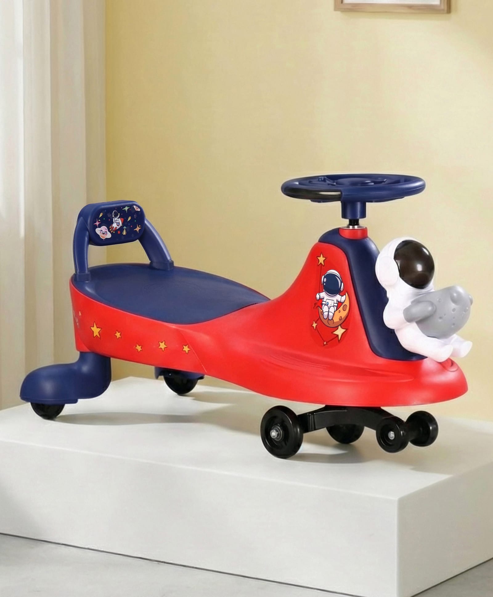 Astronaut Theme Swing Car for Kids with Light & Music - Red & Blue| Smooth PU LED Wheels| Easy to Operate| Built for Rough Play| Encourages Physical Activity| For Kids of 3 to 8 years| Sport Gift