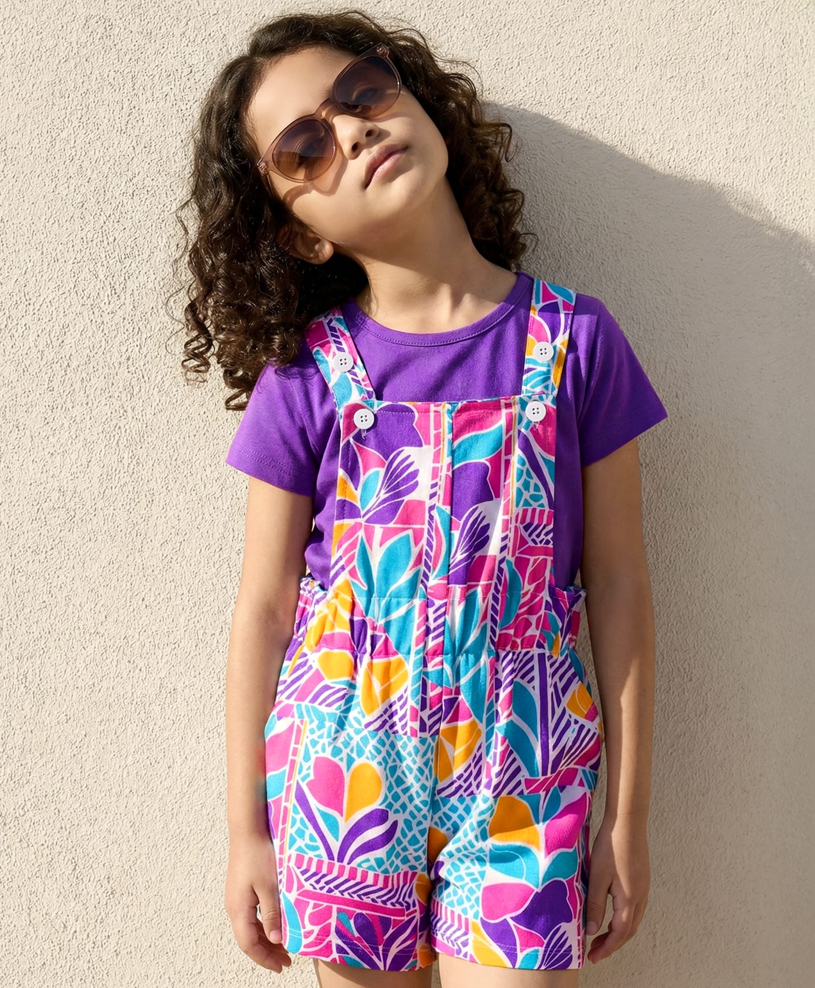 OLLINGTON ST. Cotton Printed Short Dungaree & Half Sleeves Inner Top - Multicolor & Purple-image-11