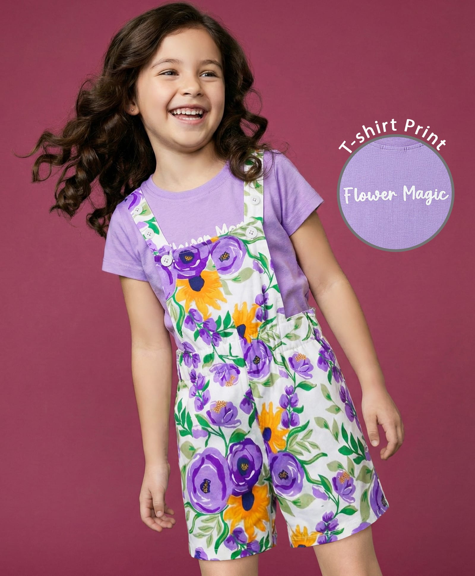 Ollington St.Cotton Knit Floral Printed Short Dungaree & Half Sleeves Inner Top - Multicolor & Purple-image-29
