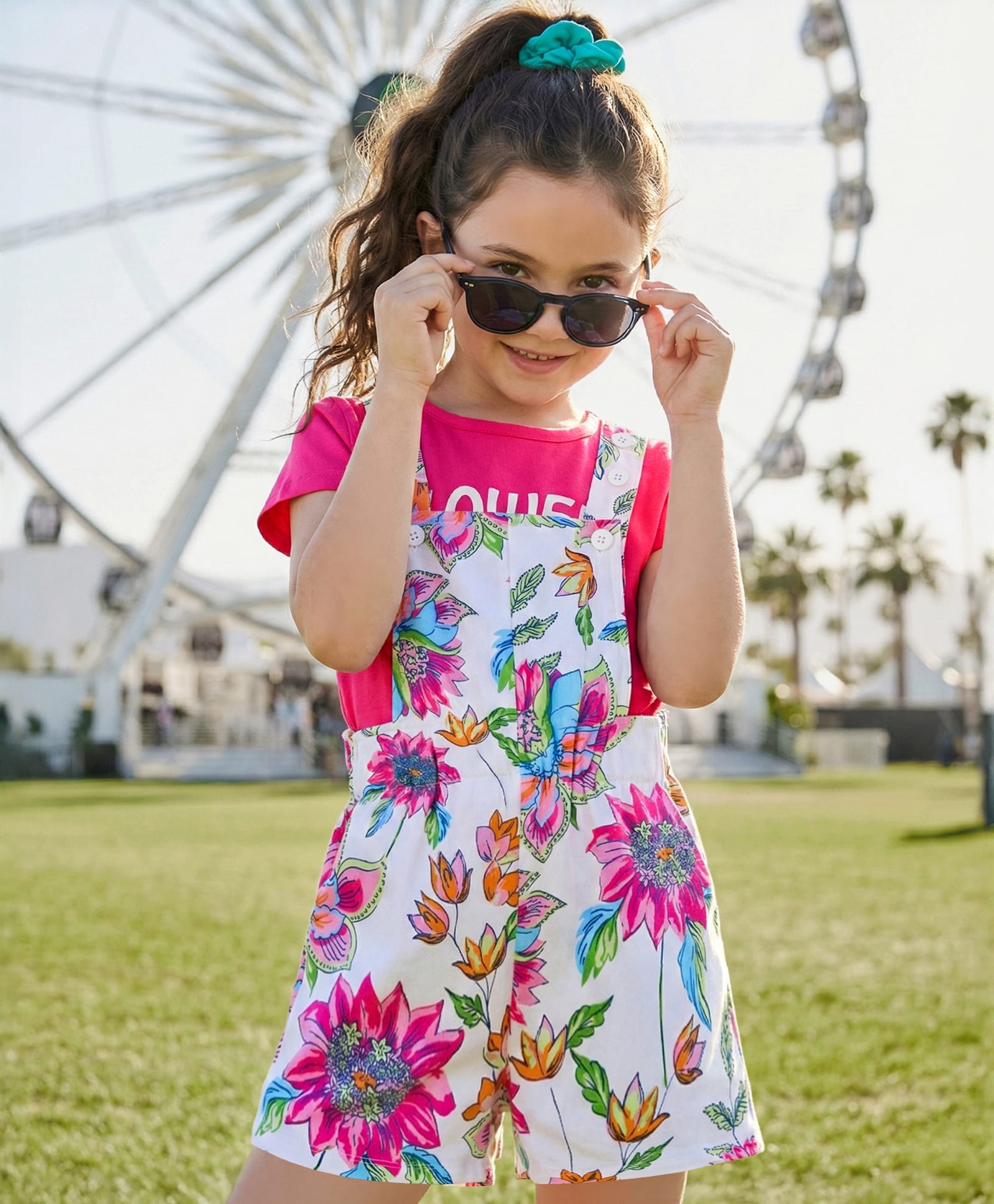 OLLINGTON ST. Cotton Floral Printed Short Dungaree & Half Sleeves Inner Top - Dark Pink & White-picture-27