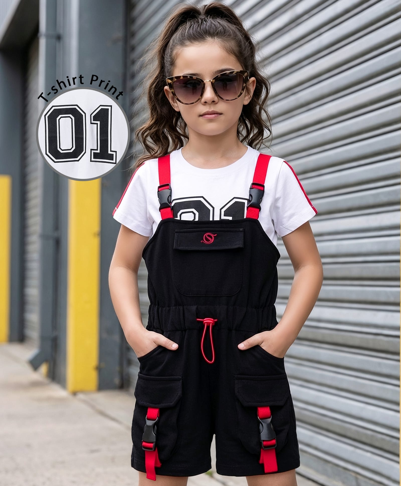 Ollington St.Cotton Knit Short Dungaree & Half Sleeves Inner Top - Black & White