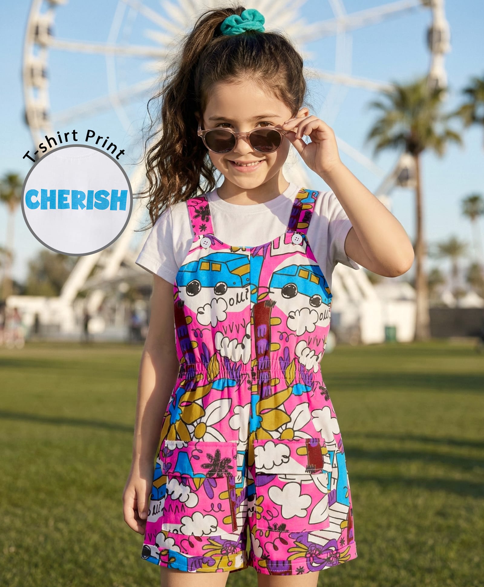OLLINGTON ST. Cotton Printed Short Dungaree & Half Sleeves Inner Top - Multicolor & White-image-6