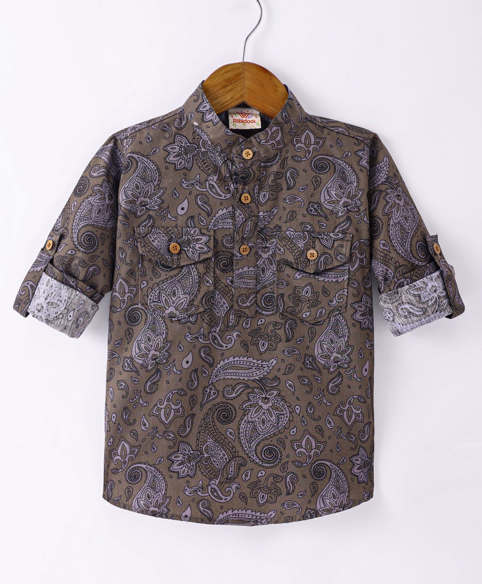 Rikidoos Full Sleeves Floral & Paisley Printed Kurta Style Shirt - Green-picture-22