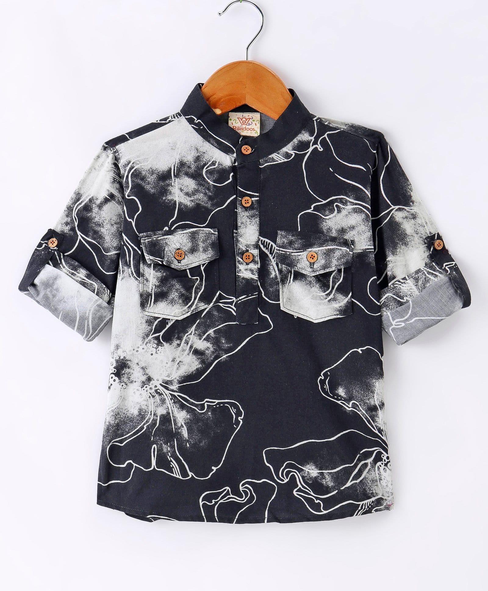 Rikidoos Full Sleeves Floral Printed Kurta Style Shirt - Navy Blue-picture-19