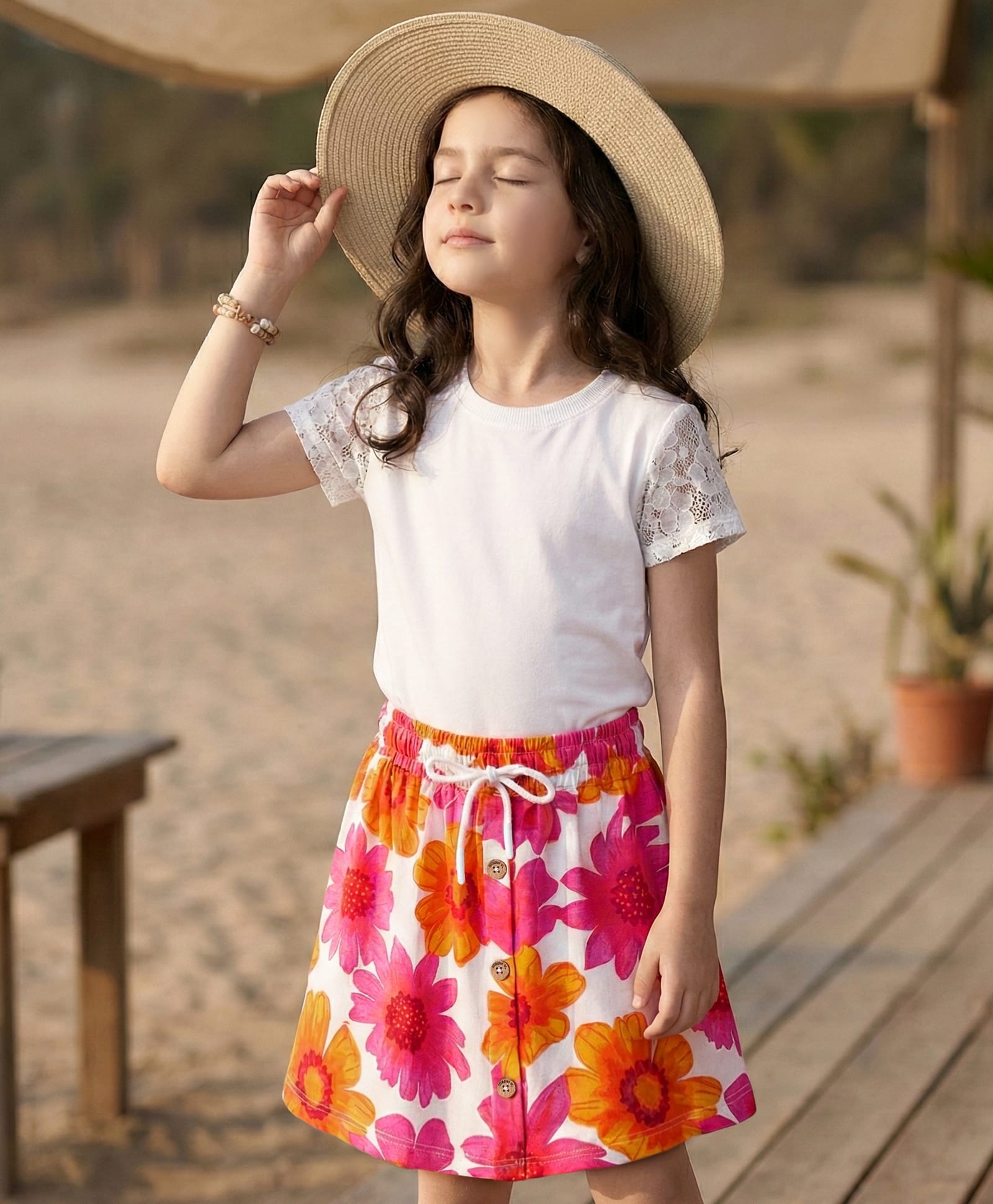 OLLINGTON ST. Cotton Half Sleeves Top & Floral Printed Knit Skirt Set - White & Multicolor-image-36