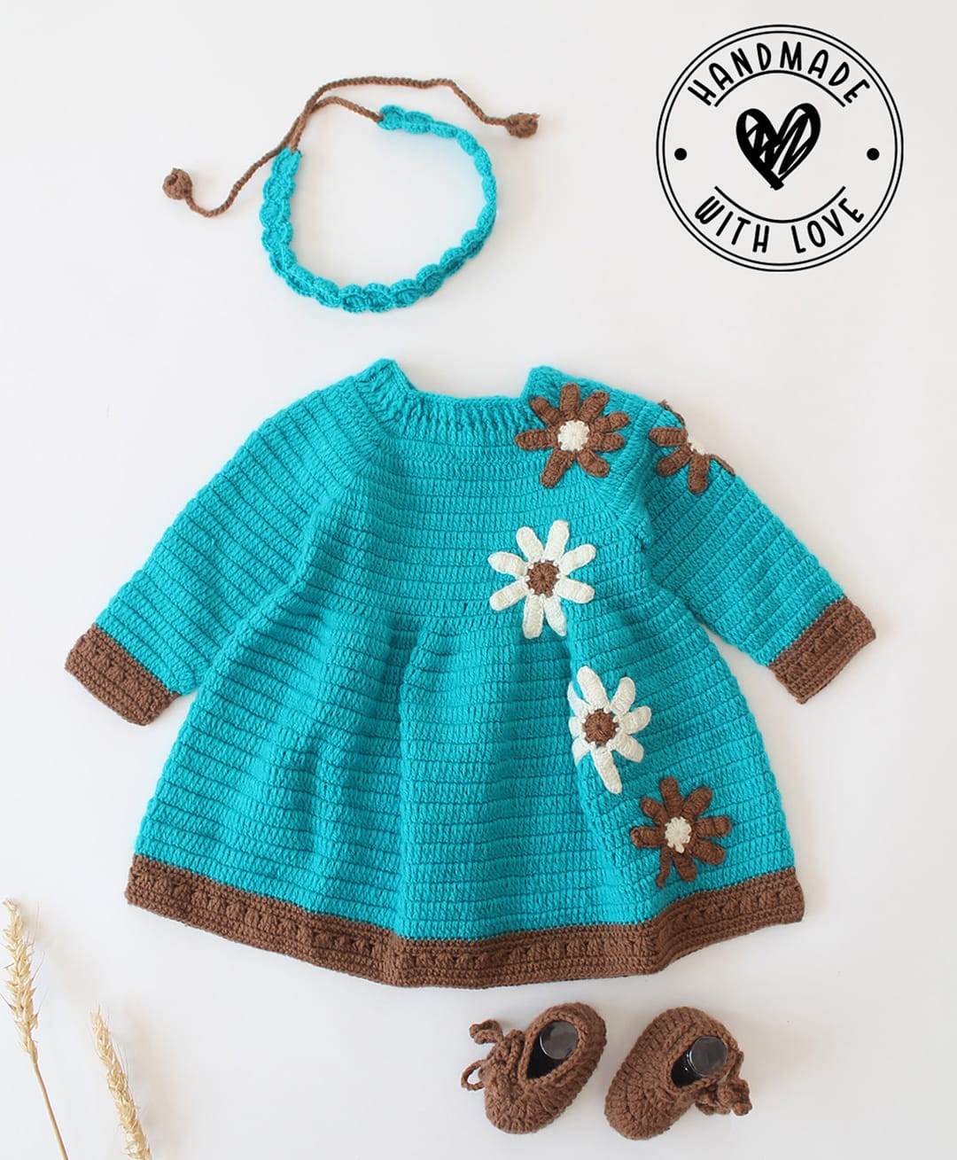 Woonie Hand Knitted Full Sleeves Floral Designed Dress With Headband & Booties Set - Sky Blue-image-43