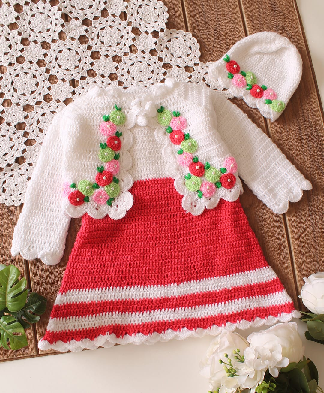 Woonie Hand Knitted Full Sleeves Floral Designed Dress With Shrug & Cap - Red-image-39