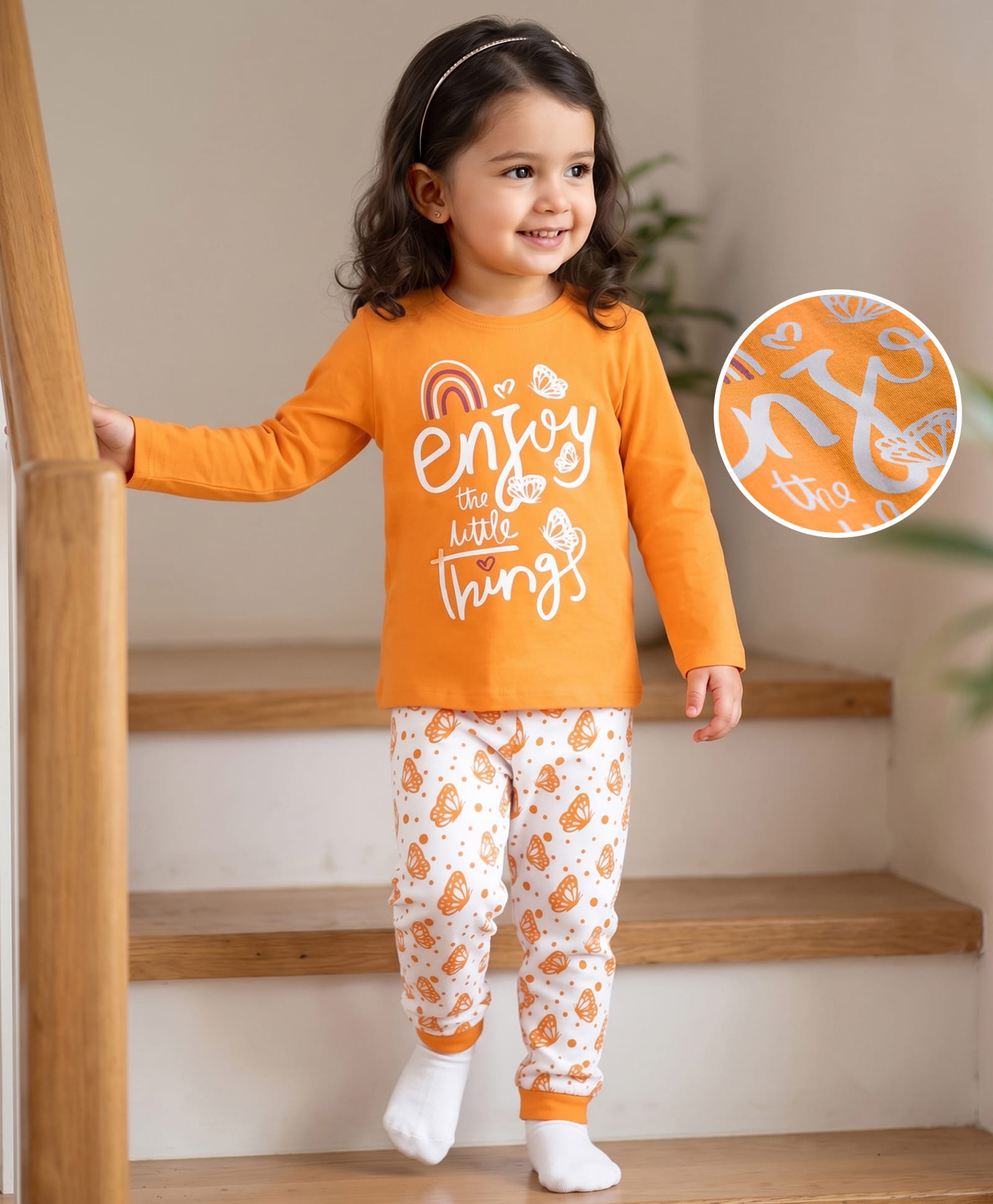 Kookie Kids Single Jersey Knit Full Sleeves Night Suit with Butterfly Print - Orange-image-41