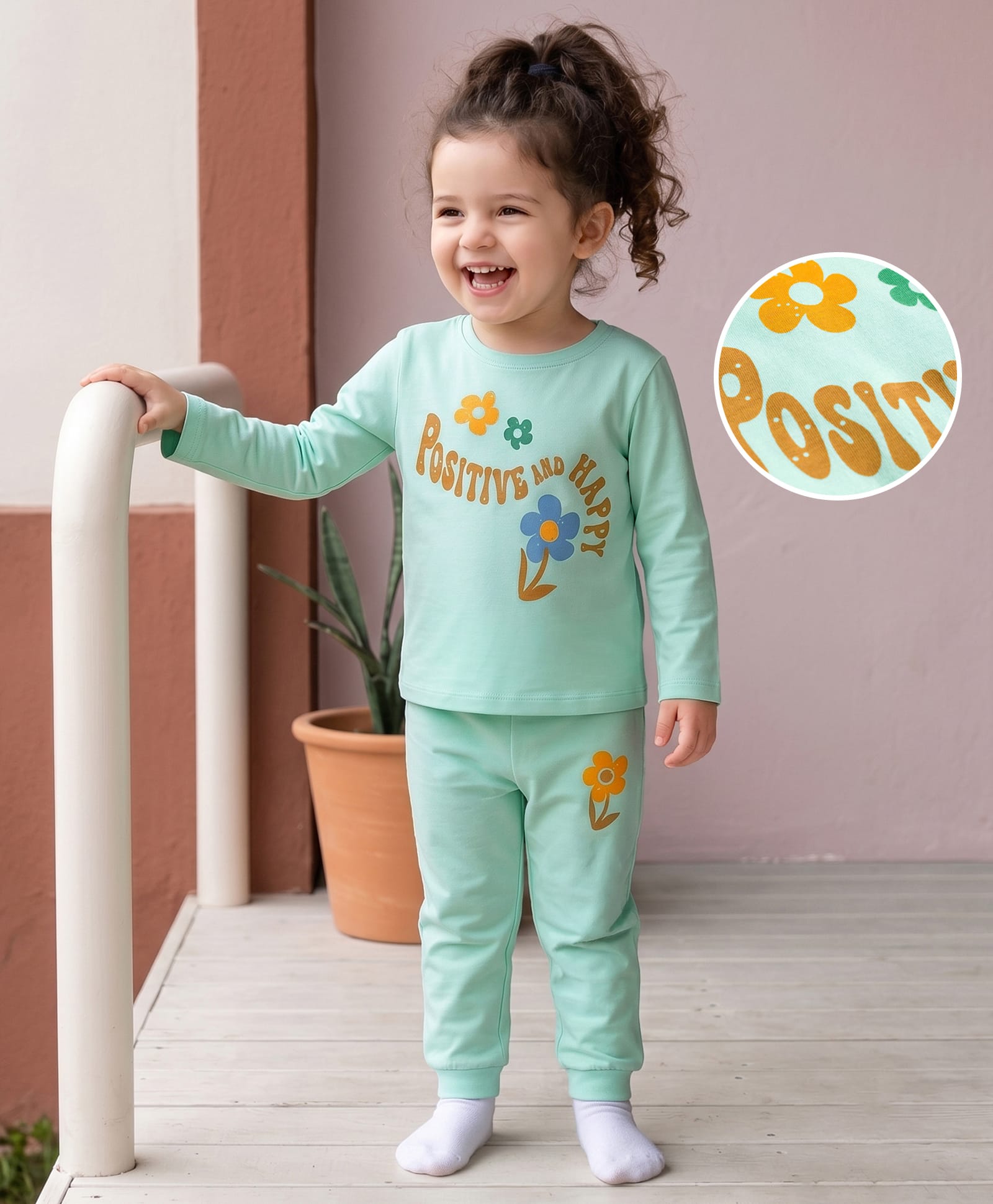 Kookie Kids Single Jersey Knit Full Sleeves T-Shirt & Lounge Pant Night Suit With Floral Print - Aqua-image-19