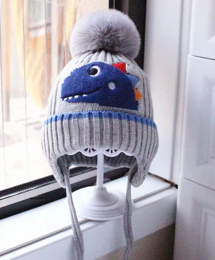 Babymoon Baby Dinosaur Designed Pom Pom Embellished Cap With String - Grey - Circumference - 44-52 Cms-picture-22