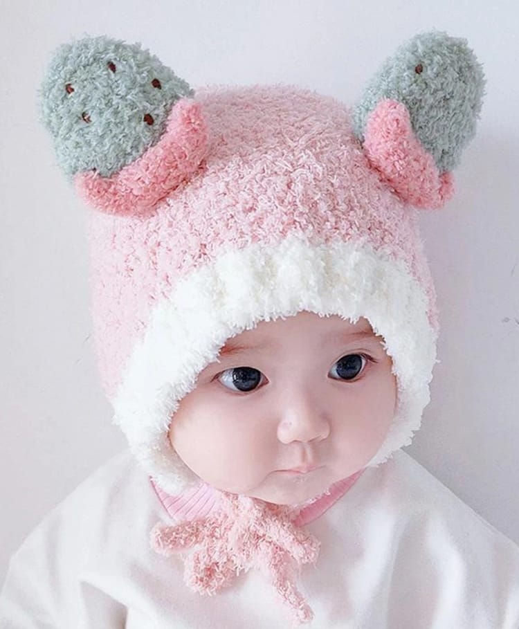 Babymoon Fruit Applique & Fur Detailed Cap With String - Pink - Circumference - 42-48 Cms-image-2