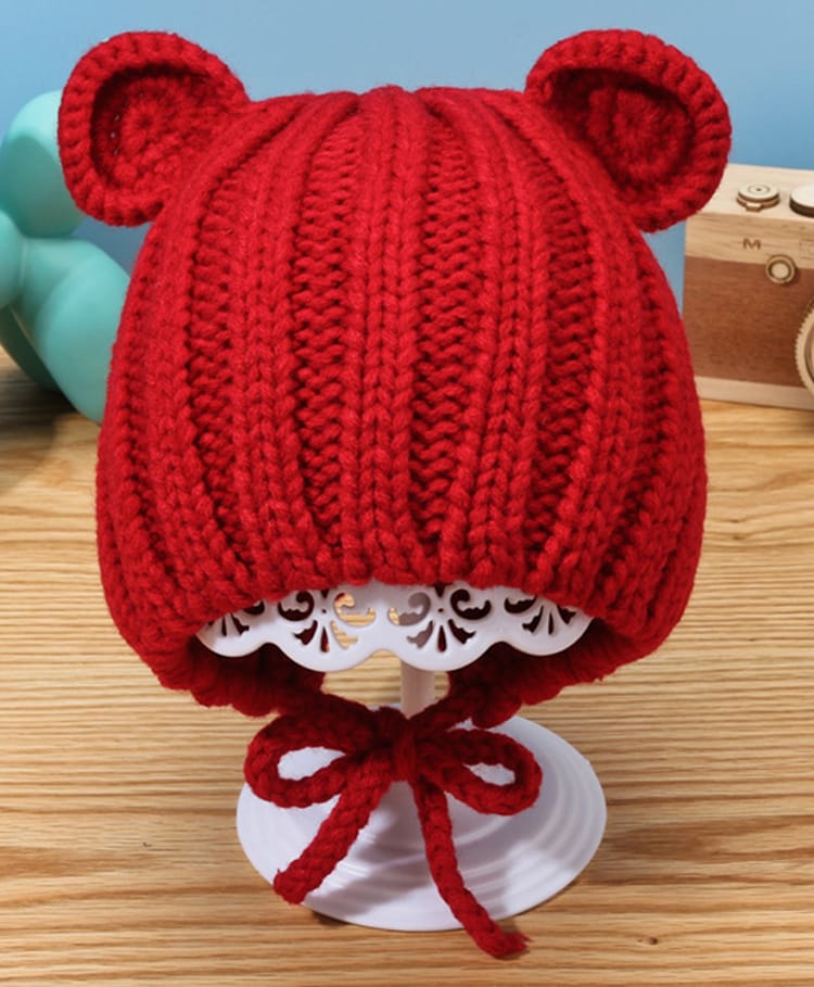 Babymoon Woven Animal Ears Designed Winter Cap - Red - Circumference 34 Cms-image-1
