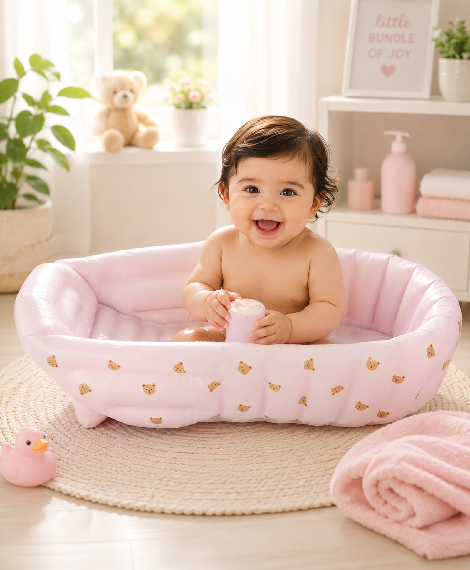 Inflatable Baby Bath Tub - Bear Print Pink| Foldable Baby Bath Tub with Air Cushion Base| Portable, Non-Slip & Quick Inflate| Safe & Comfortable Bathing for Infants & Toddlers-image-48