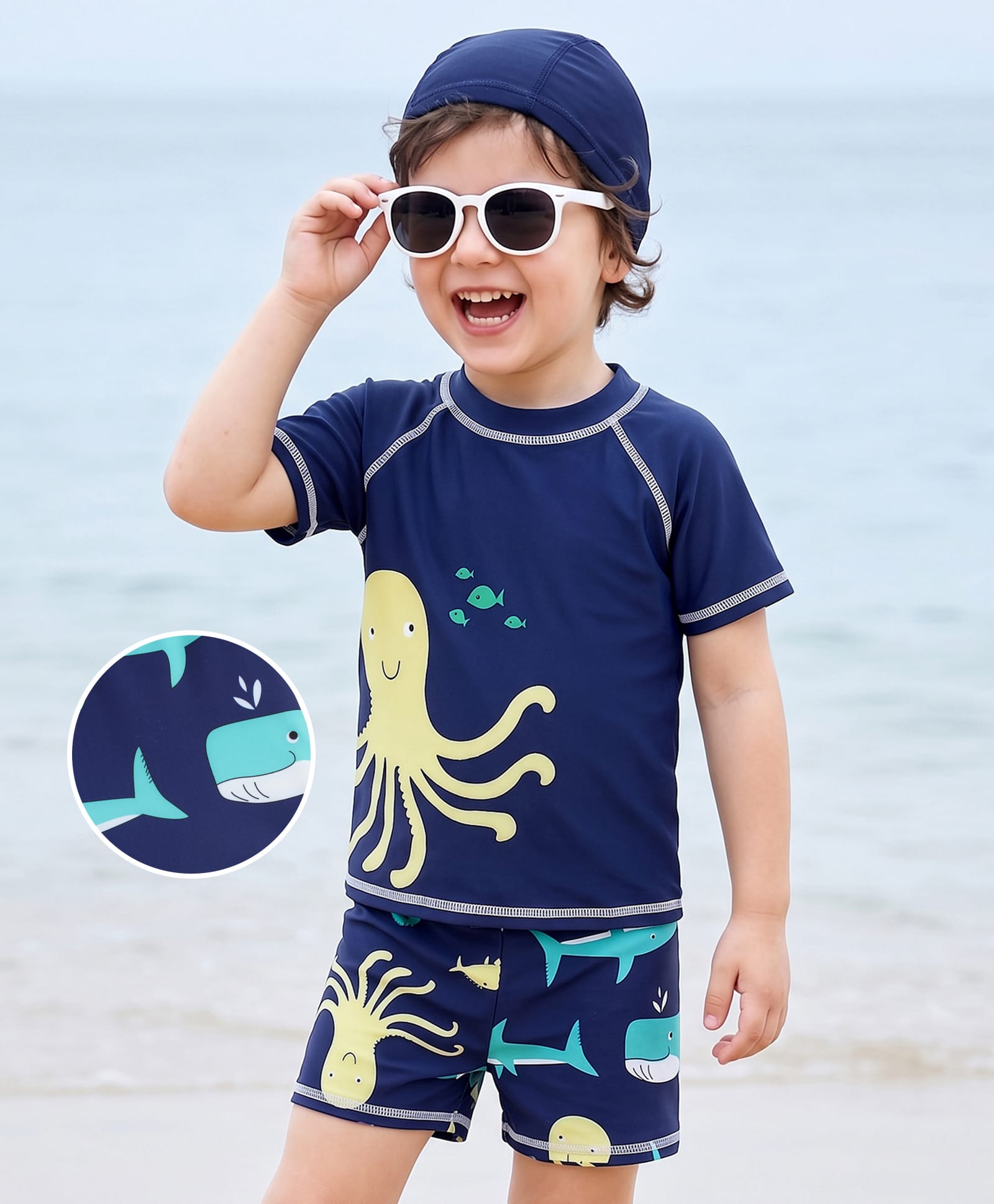 Mark & Mia Half Raglan Sleeves Sea Life Theme Printed Two Piece Swimsuit with Cap - Navy Blue-picture-14