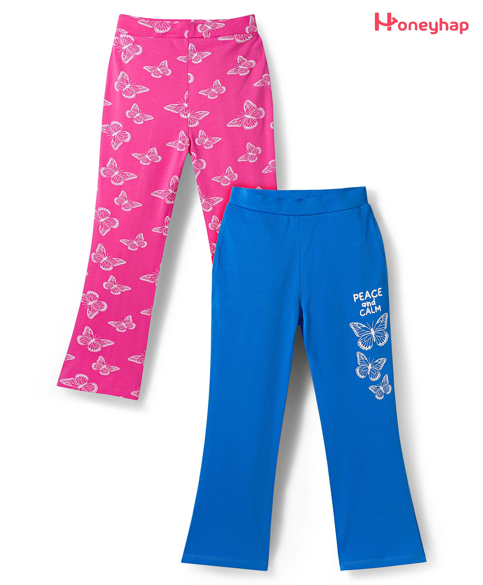 Honeyhap Premium Cotton Elastane Knit With Bio Finish Full Length Leggings With Butterfly Print Pack of 2 - Carmine Rose & Blue Aster-image-16