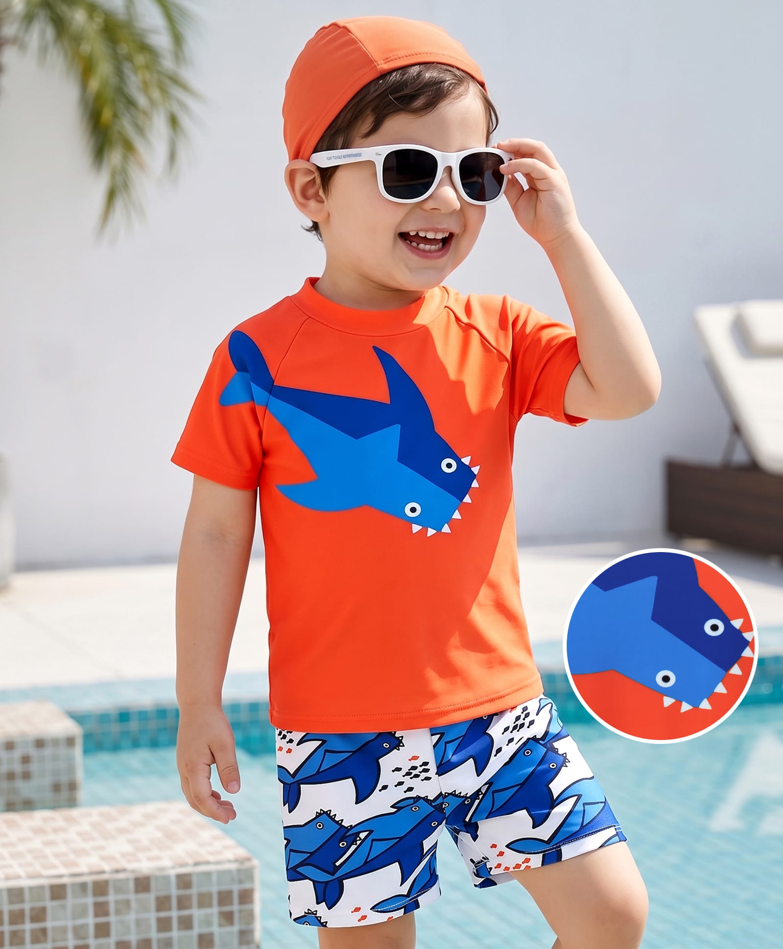 Mark & Mia Half Raglan Sleeves Shark Printed Two Piece Swimsuit with Cap - Orange-picture-22