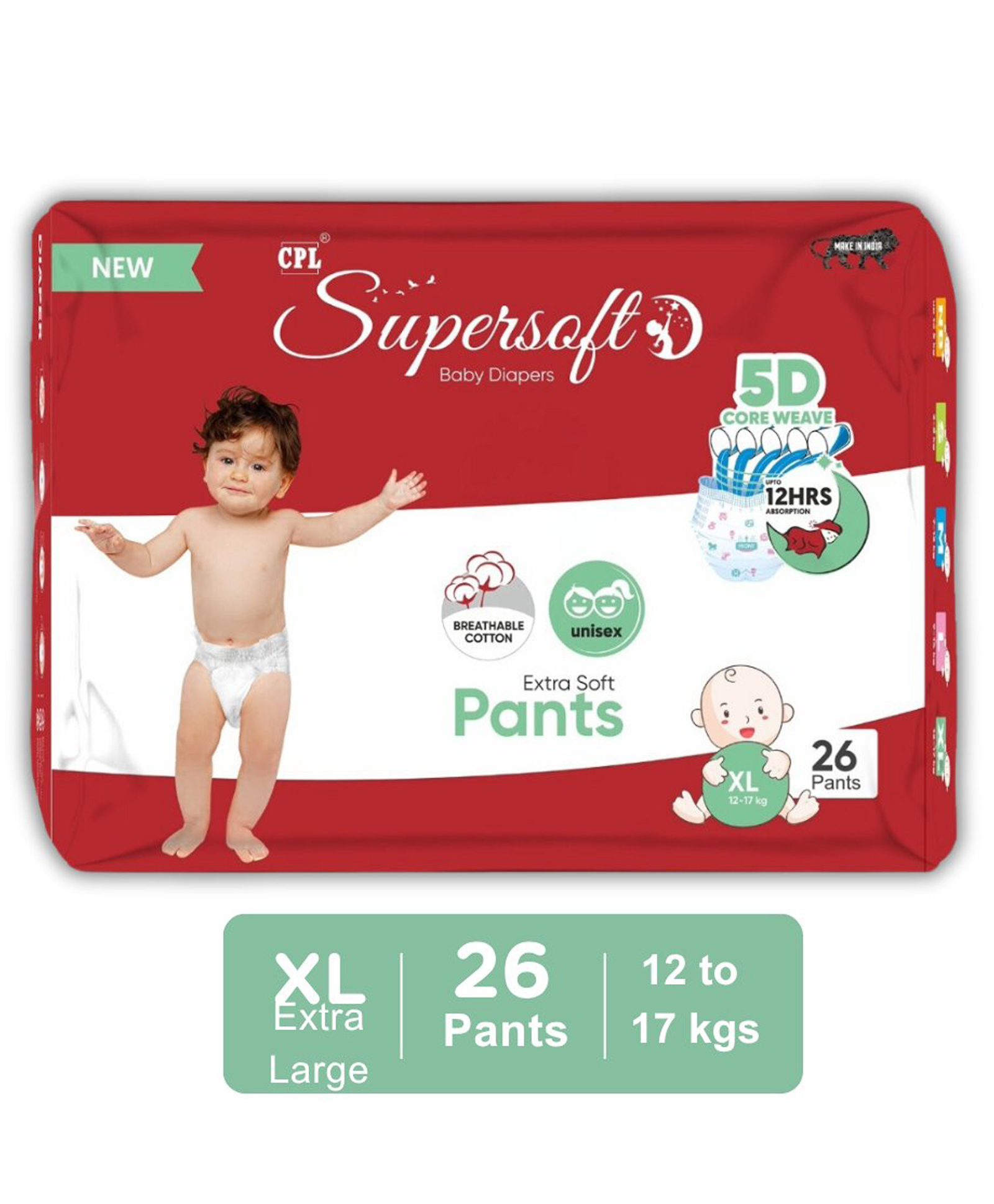 CPL SUPERSOFT Baby Diaper Pant Style | Up to 12 Hours Absorption | 12 - 17 Kg | Pack of 1 - XL (26 Pieces)-image-9