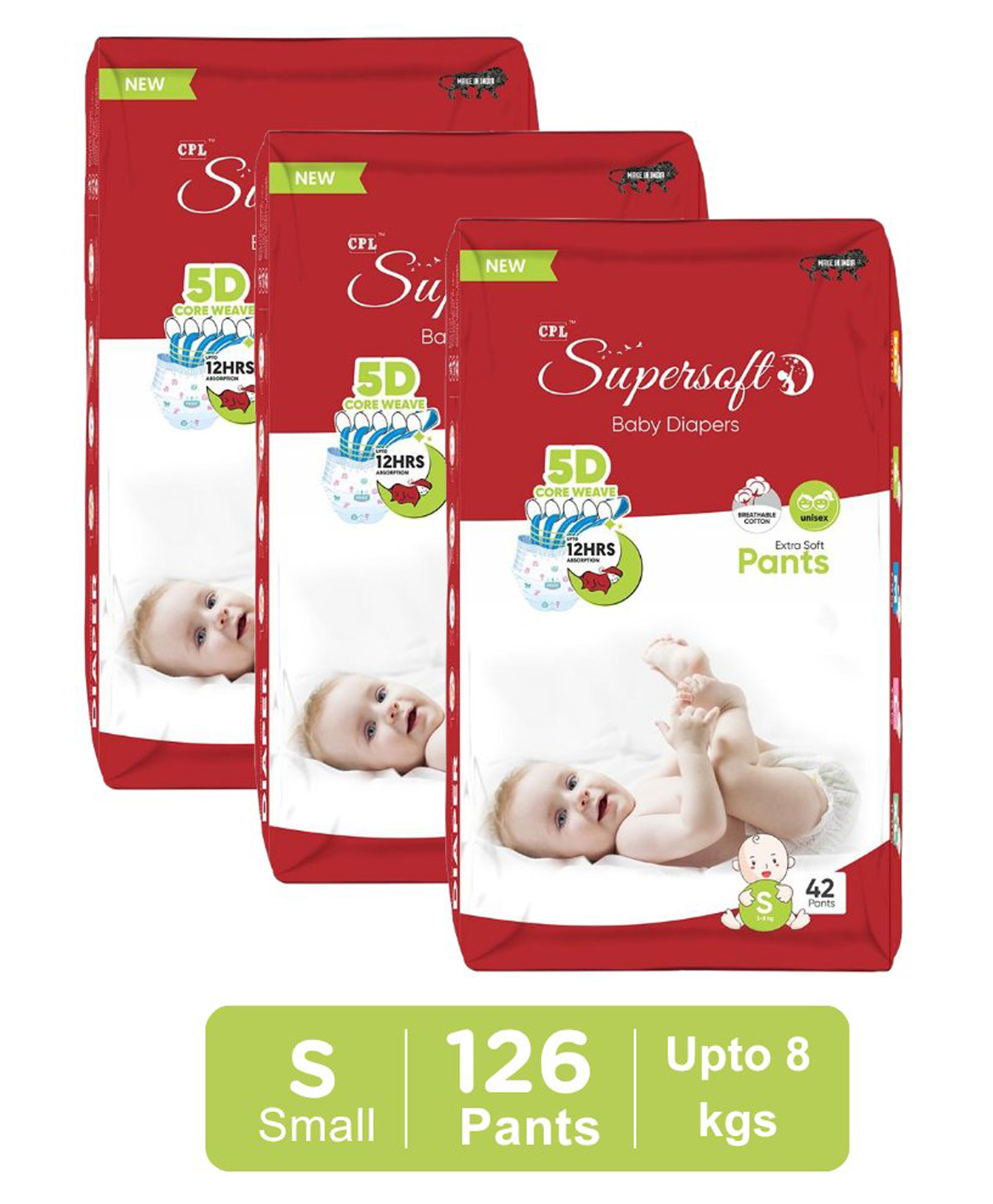CPLsupersoft Baby Diaper Pant Style | Up to 12 Hours Absorption | 3 - 8 Kg | Pack of 3 - S (126 Pieces)-image-22