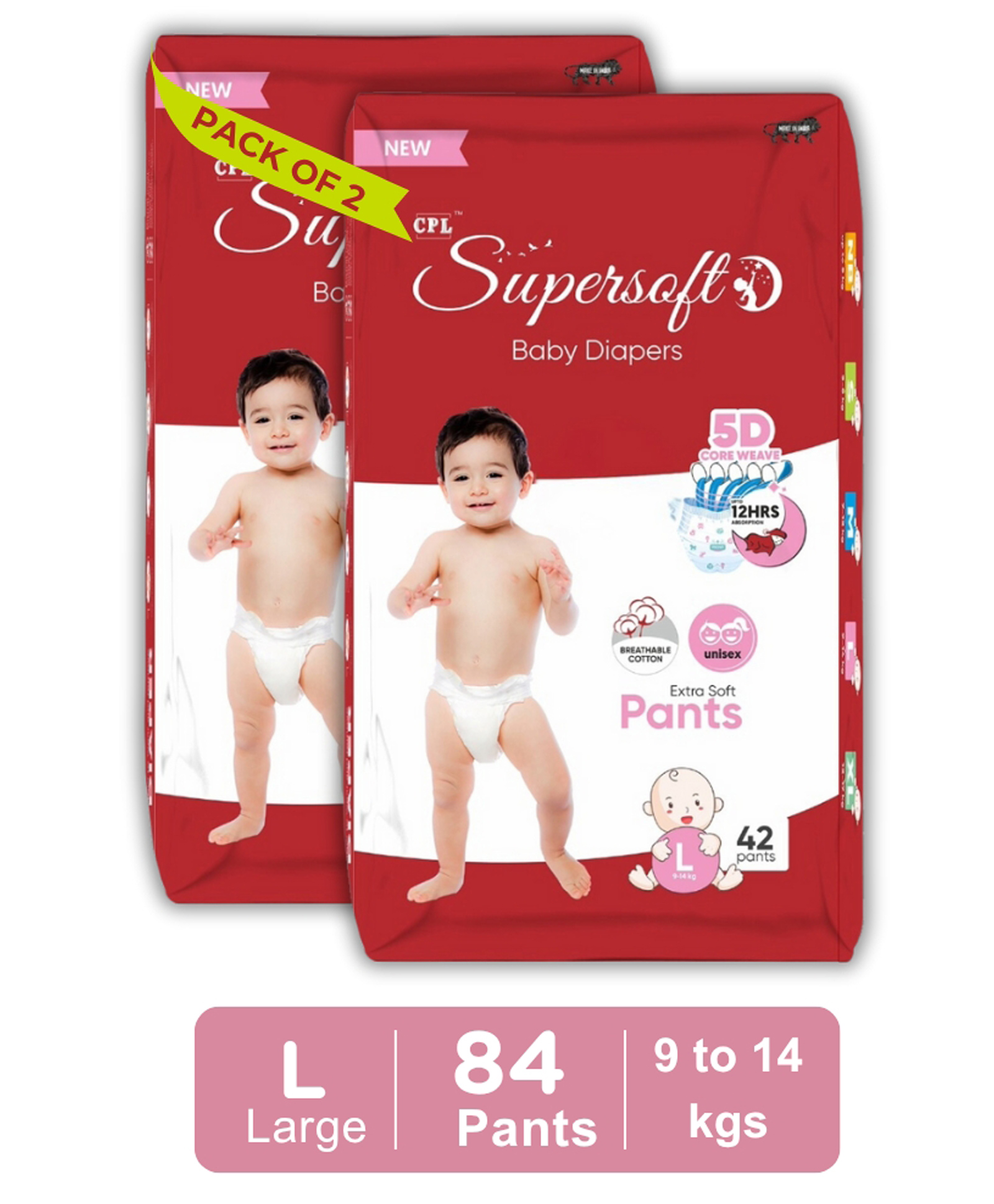 CPLsupersoft Baby Diaper Pant Style | Up to 12 Hours Absorption | 9 - 14 Kg | Pack of 2 - L (84 Pieces)-image-40