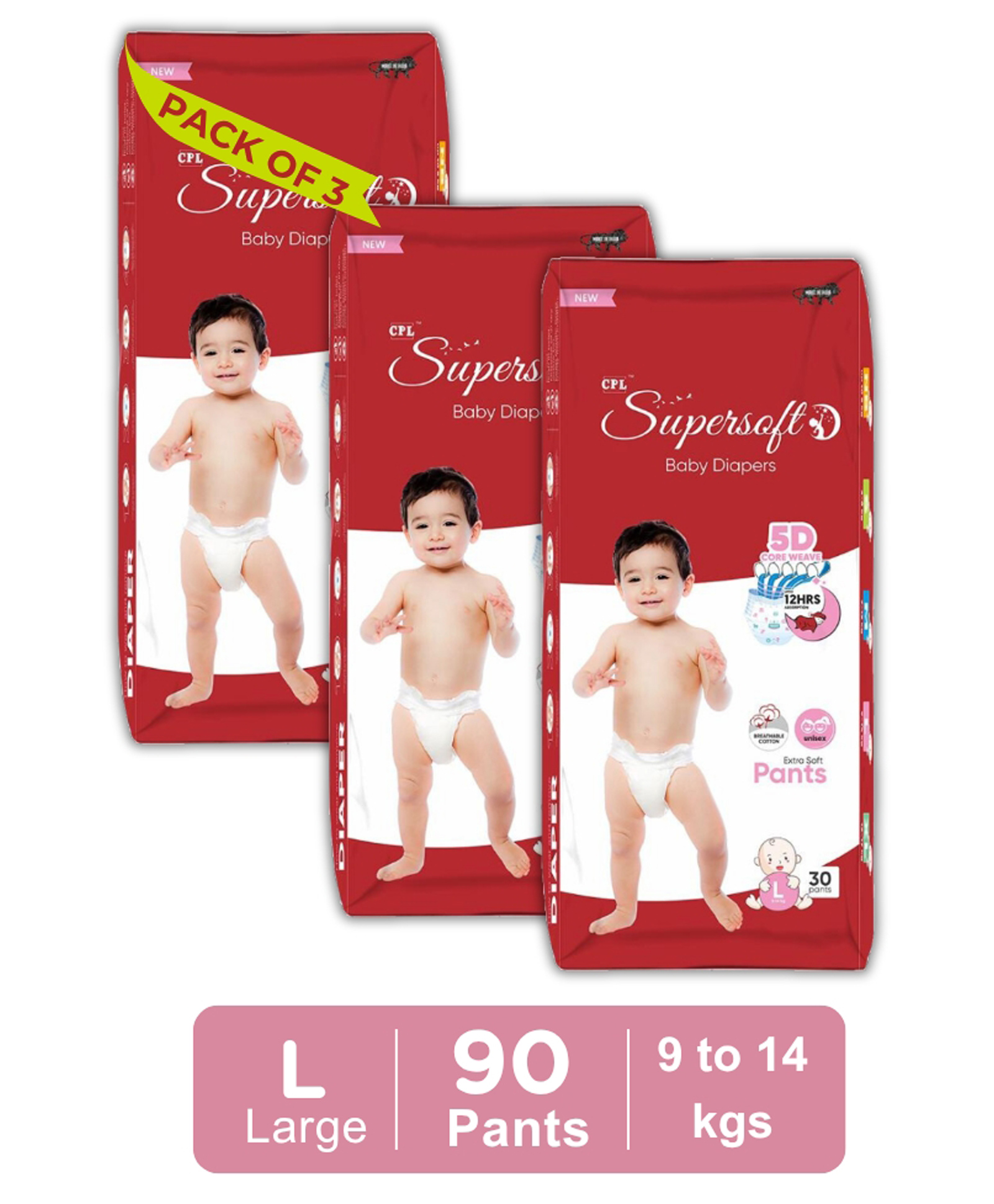 CPLsupersoft Baby Diaper Pant Style | Up to 12 Hours Absorption | 9 - 14 Kg | Pack of 3 - L (90 Pieces)-image-23