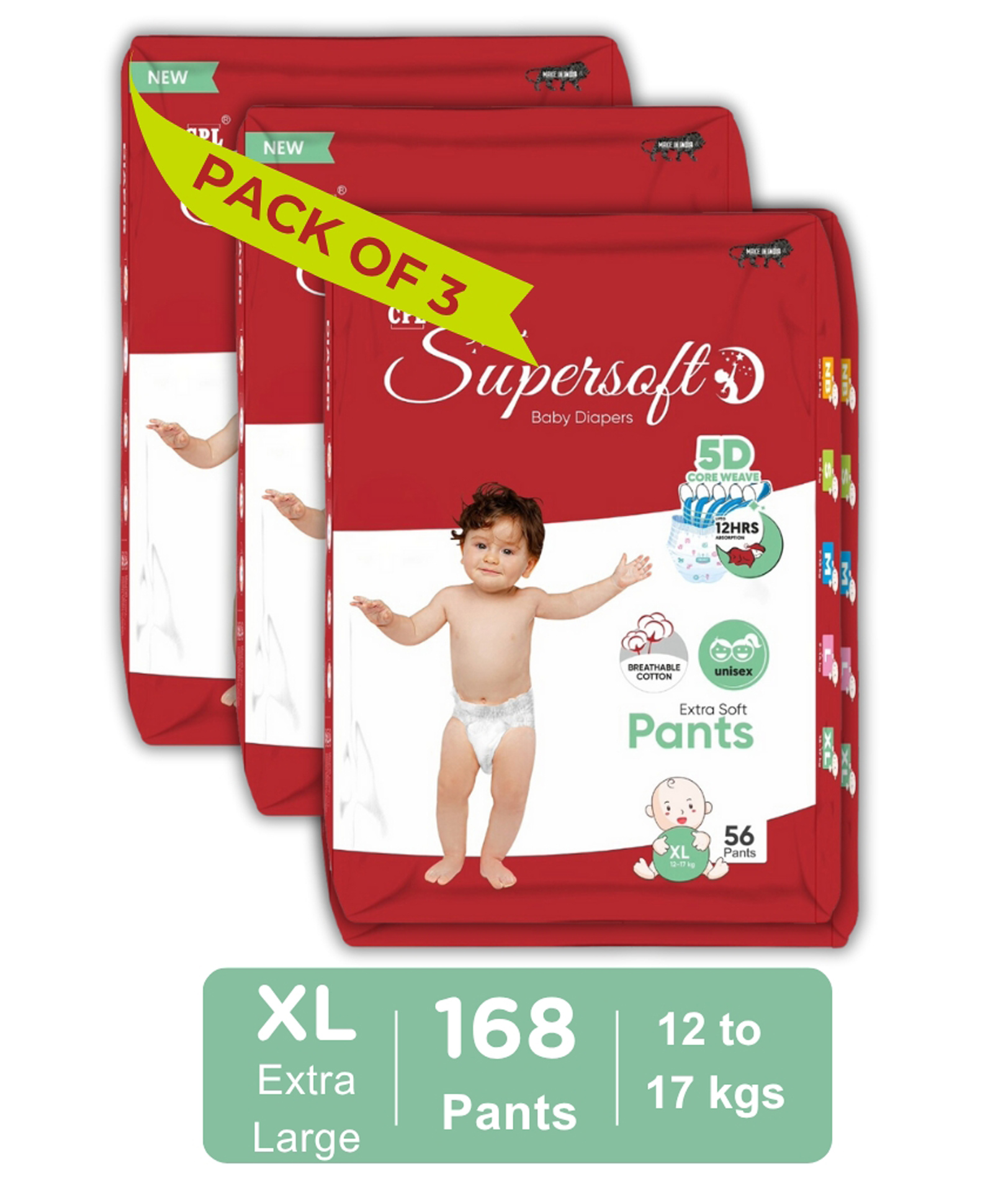 CPLsupersoft Baby Diaper Pant Style | Up to 12 Hours Absorption | 12 - 17 Kg | Pack of 3 - XL (168 Pieces)-image-17