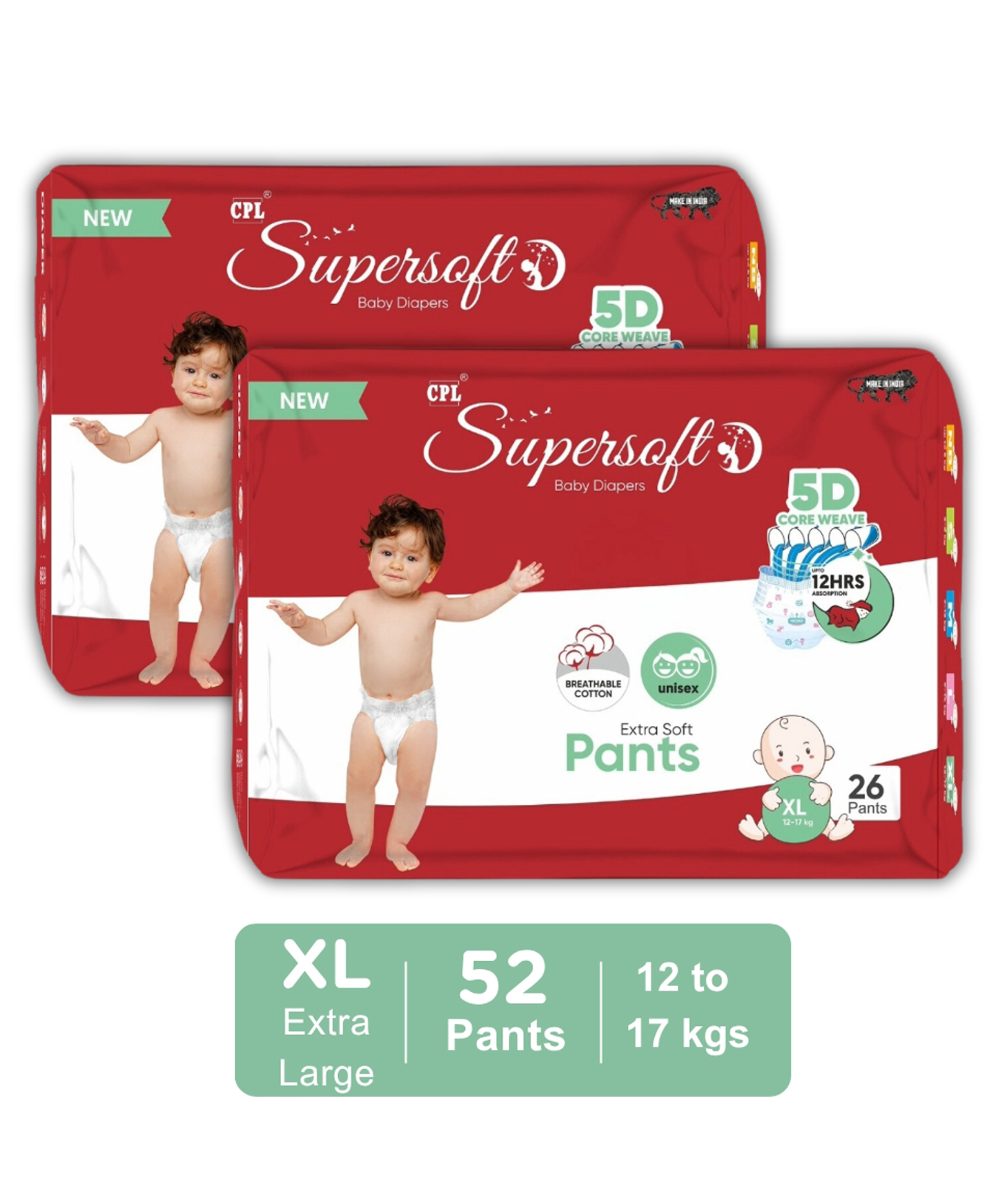 CPLsupersoft Baby Diaper Pant Style | Up to 12 Hours Absorption | 12 - 17 Kg | Pack of 2 - XL (52 Pieces)-image-41