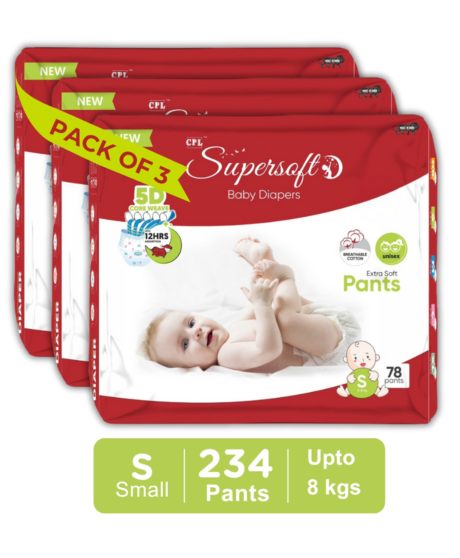 CPLsupersoft Pant Style Baby Diaper | Extra Dry | Small | Upto 8 Kg| Pack of 3 - S (234 Pieces)-image-20