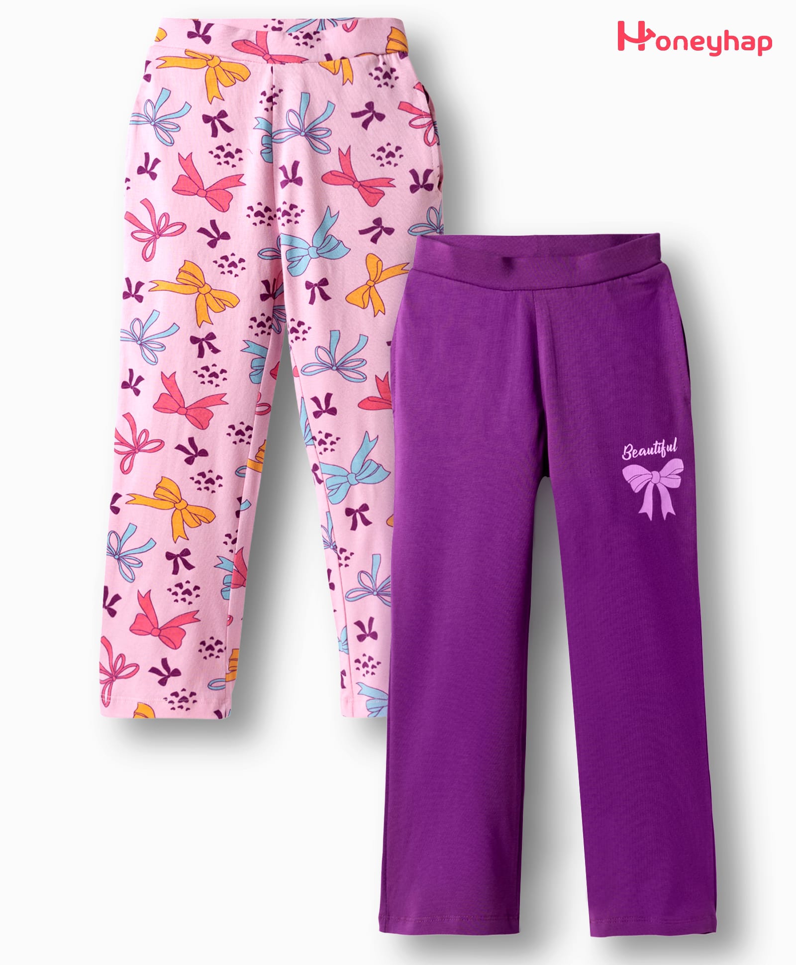 Honeyhap Premium Cotton Elastane Knit Full Length Leggings with Bio Finish & Bow Print Pack of 2 - Fairy Tale & Willowherb