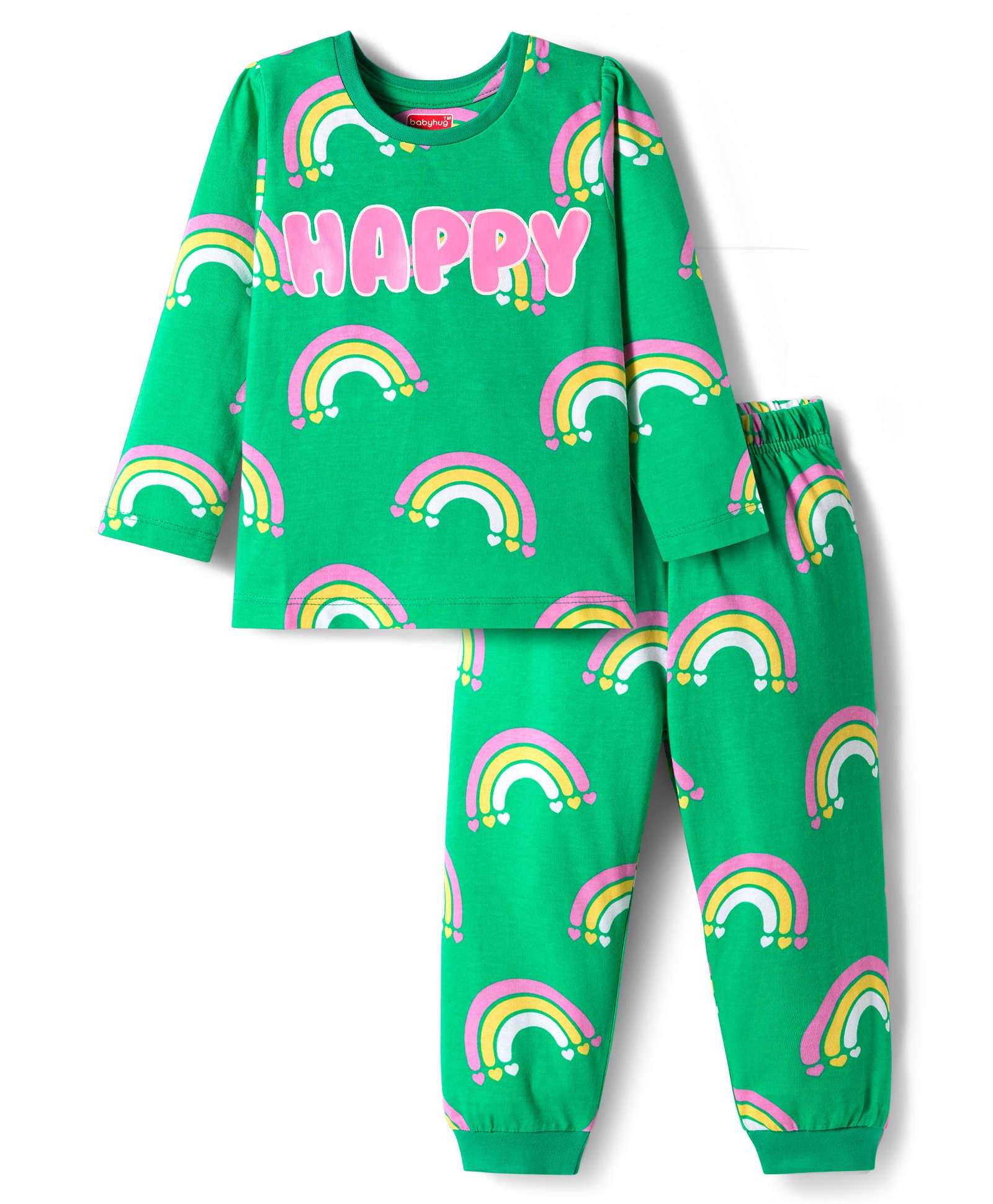 Babyhug Cotton Knit Full Sleeves Co-ord Night Suit With Rainbow Print - Green-image-19