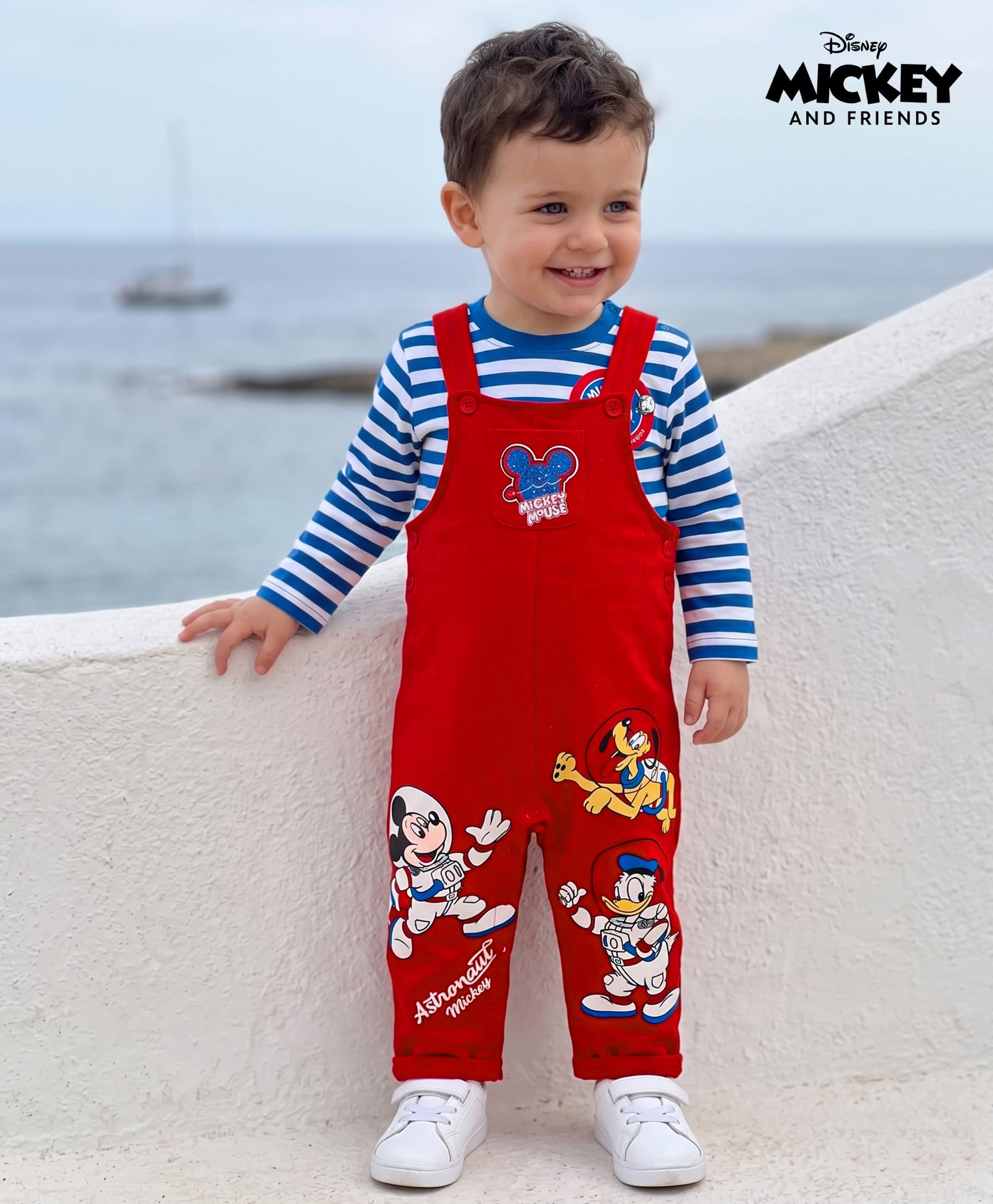 Babyhug Disney Terry Knit Full Sleeves Striped T-Shirt & Dungaree with Mickey Mouse & Friends Graphic & Badge Detailing - Red & Blue-image-5