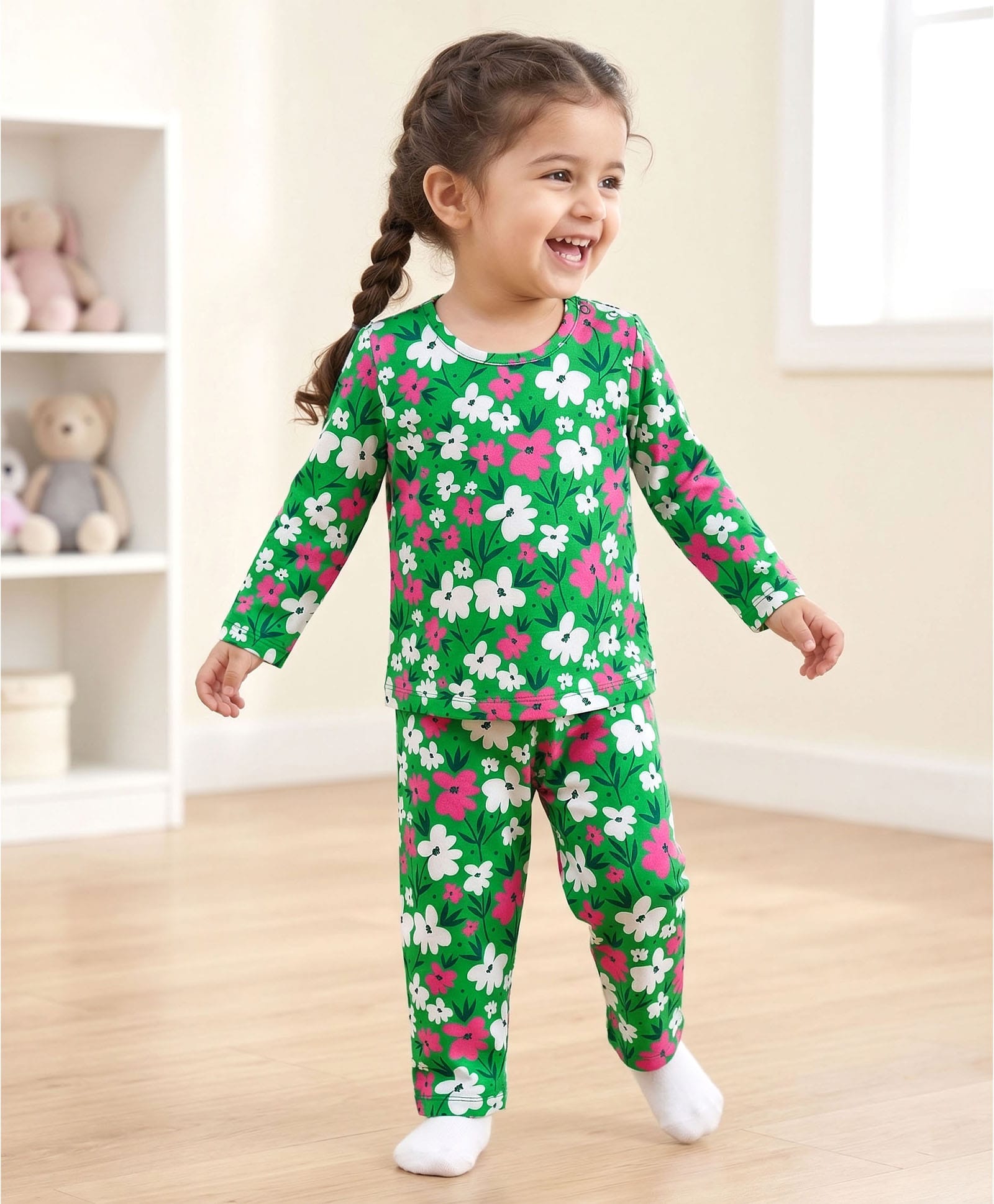 Babyhug Cotton Knit Full Sleeves Co-ord Night Suit With Floral Print - Green-image-28