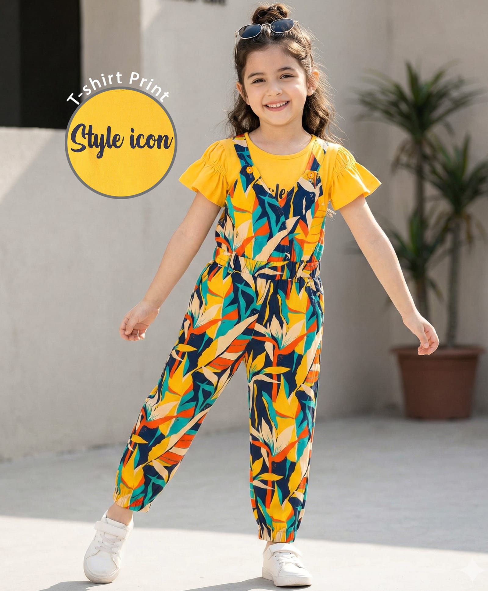 OLLINGTON ST. 100% Cotton Knit Leaf Printed Dungaree & Half Sleeves Inner Top - Multicolour & Yellow-picture-16