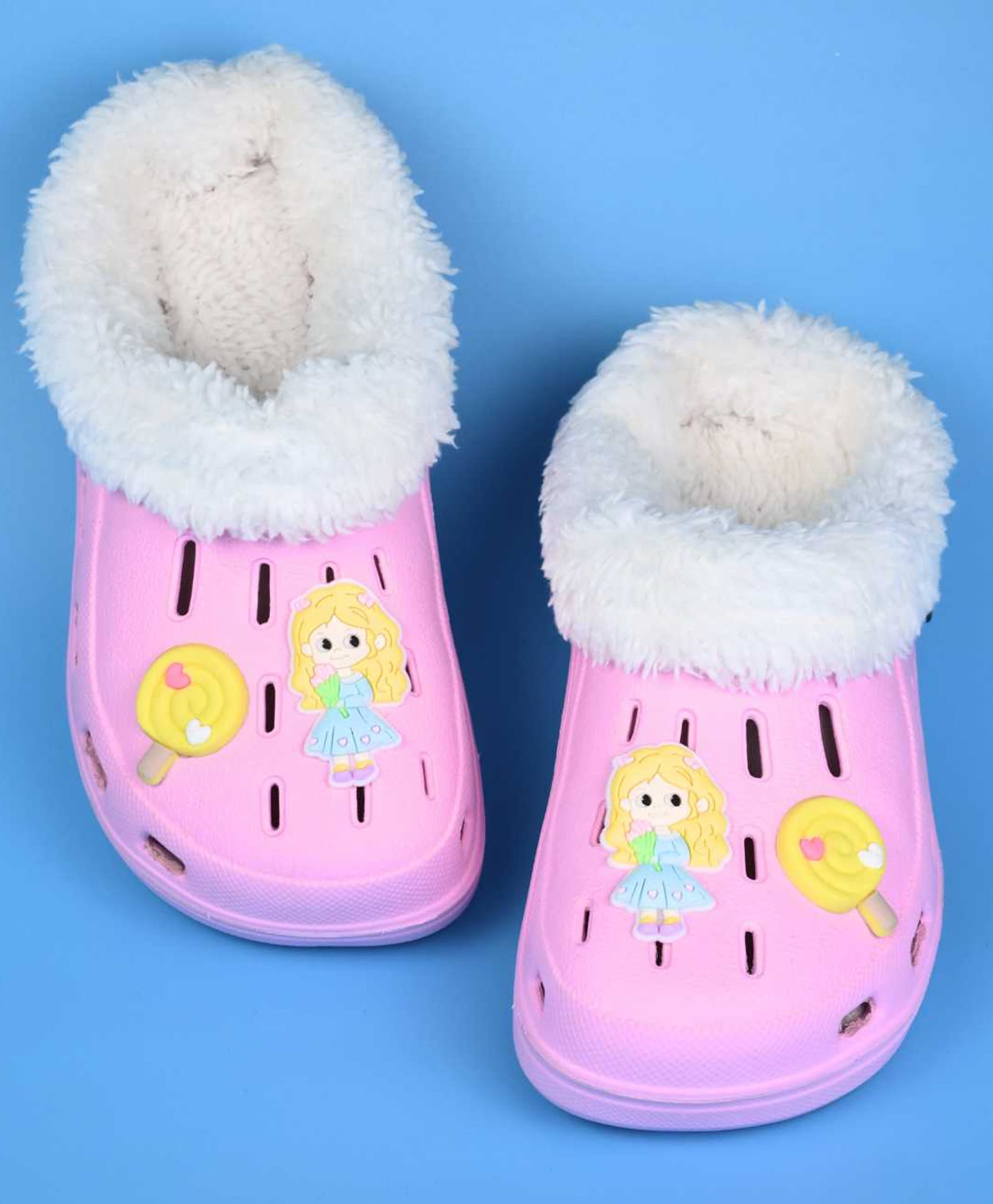 Yellow Bee Lollipop & Girl Applique Detailed Perforated Plush Line Detailed Clogs - Pink-picture-27
