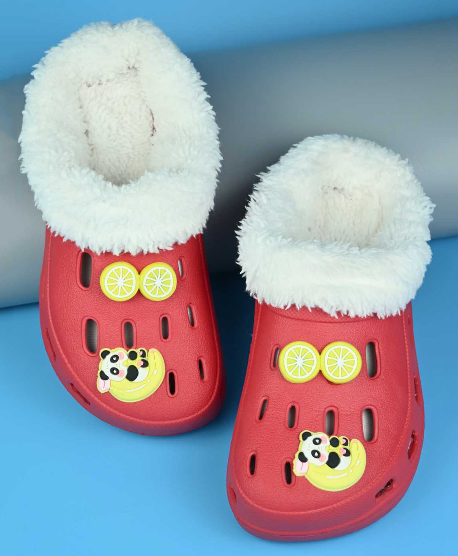 Yellow Bee Lime & Panda Applique Detailed Perforated Plush Line Detailed Clogs - Red-image-31