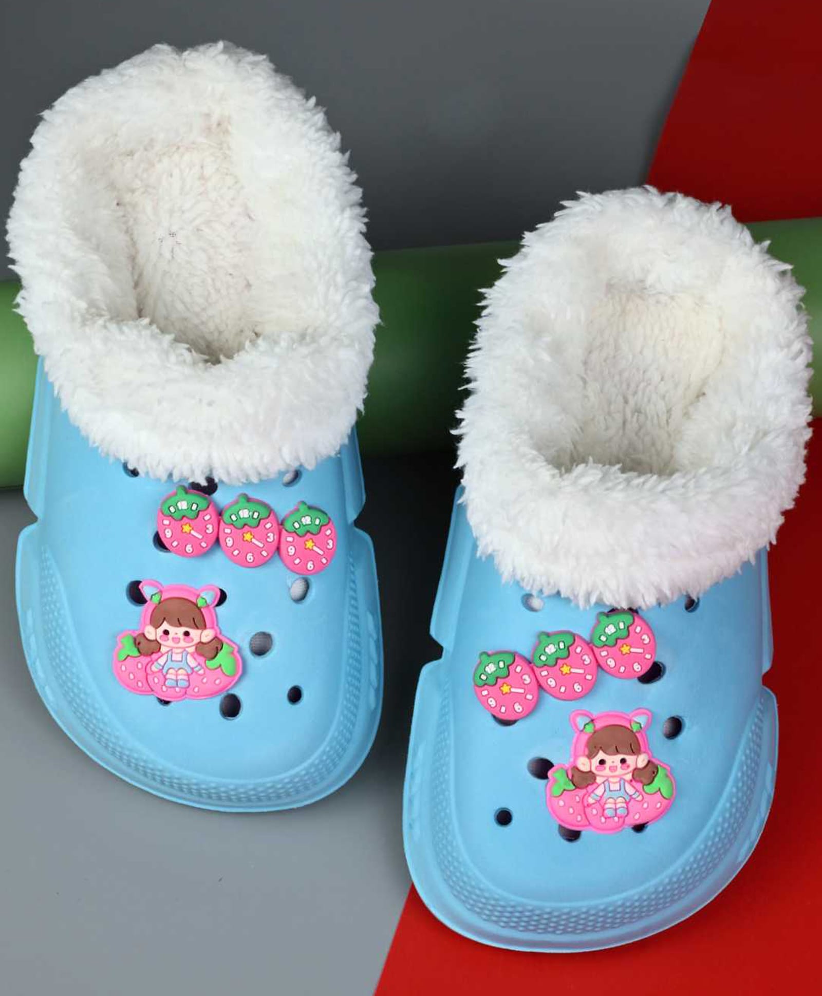 Yellow Bee Strawberry & Girl Applique Detailed Perforated Plush Line Detailed Clogs - Blue-picture-24