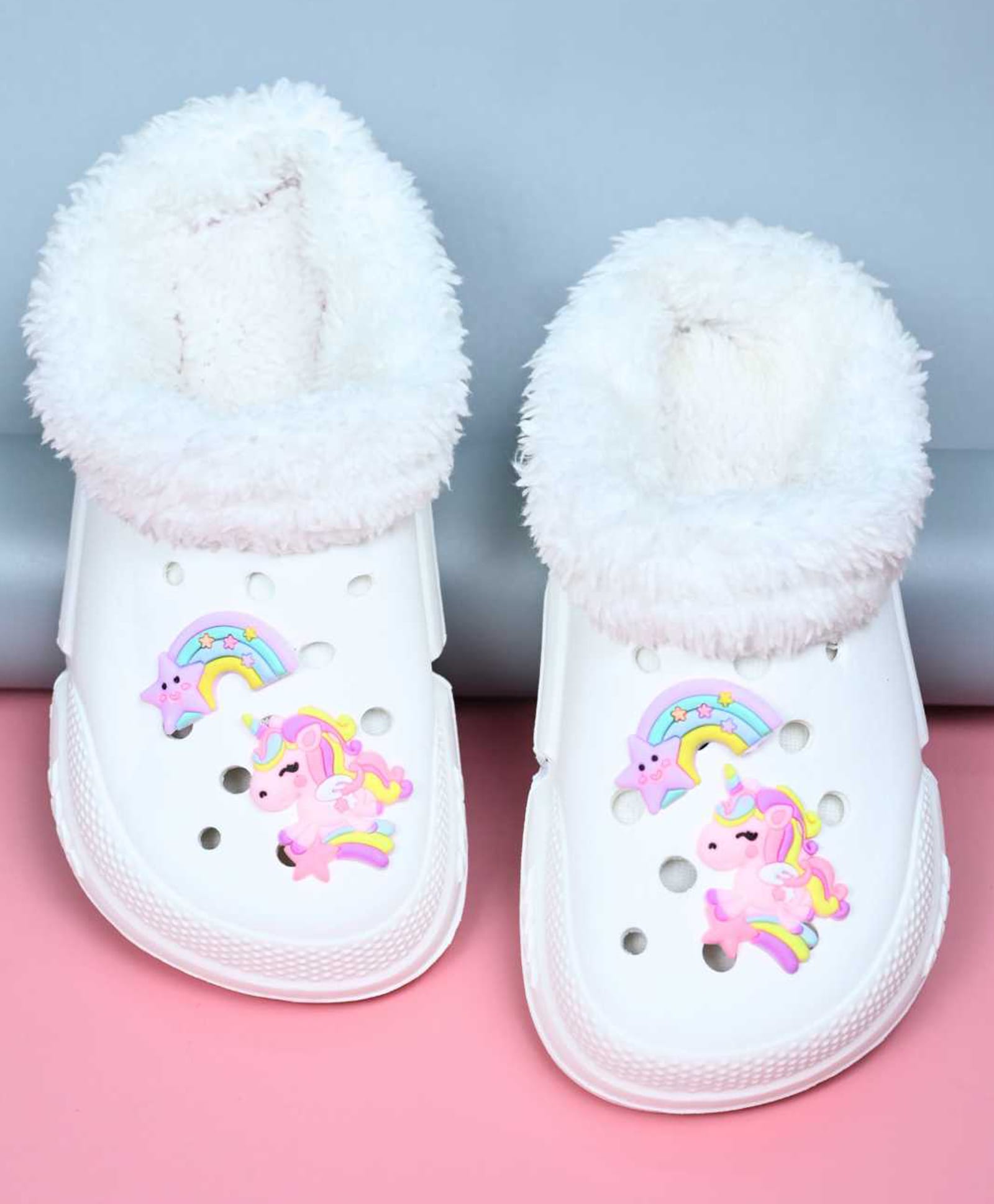 Yellow Bee Unicorn & Rainbow Applique Detailed Perforated Plush Line Detailed Clogs - White-picture-17