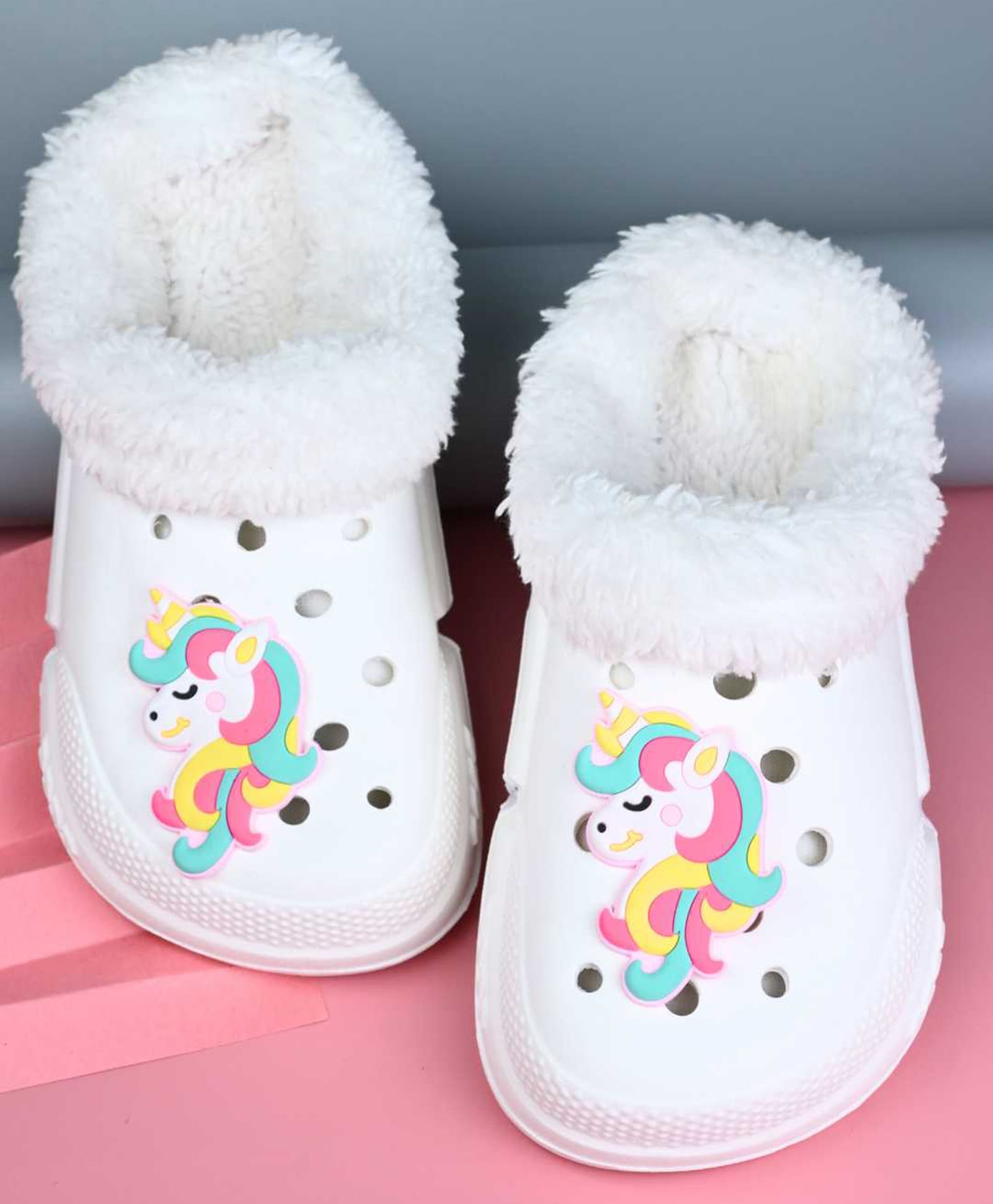 Yellow Bee Unicorn Applique Detailed Perforated Plush Line Detailed Clogs - White-picture-10