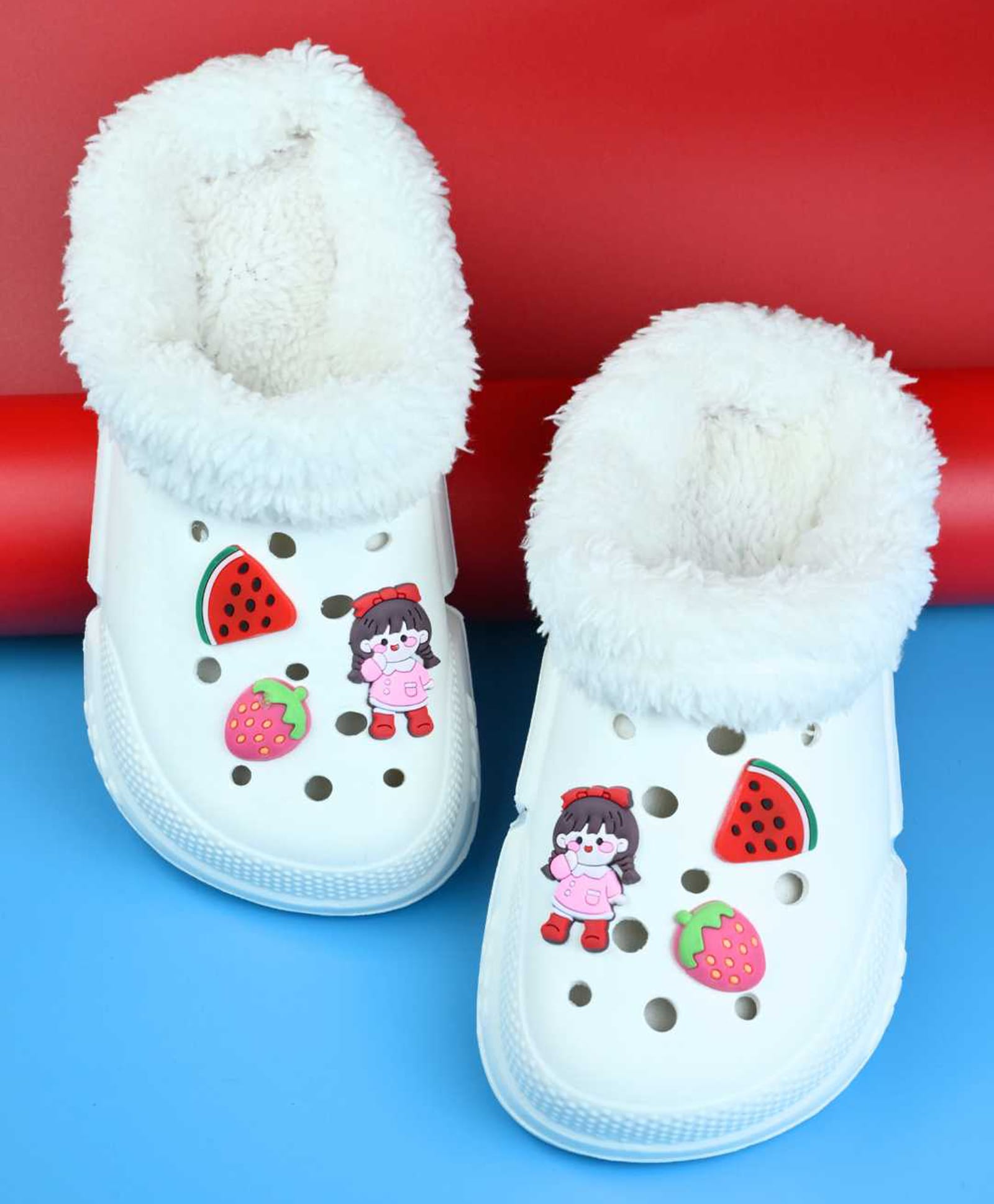 Yellow Bee Fruits & Girl Applique Detailed Perforated Plush Line Detailed Clogs - White-picture-15