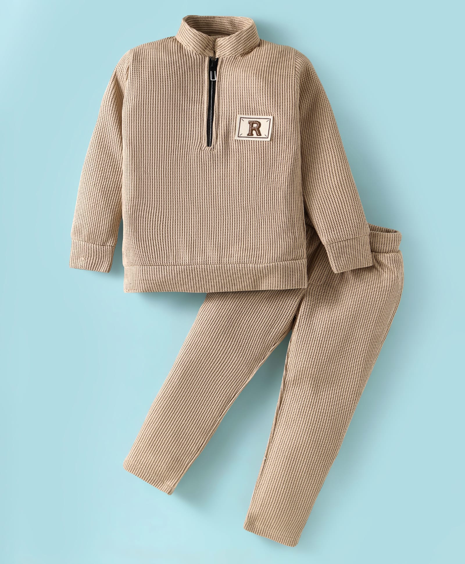 Rikidoos Full Sleeves R Text Patch Detailed Coordinating Pullover & Joggers Set - Beige-image-20